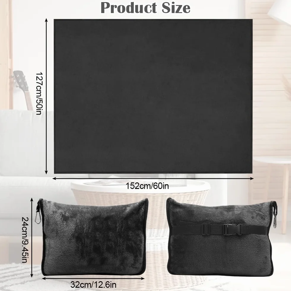 Couverture de Voyage Avion 2 en 1 avec Coussin, Bagages et Clip, Douce et Chaude, 127x152cm, Noir