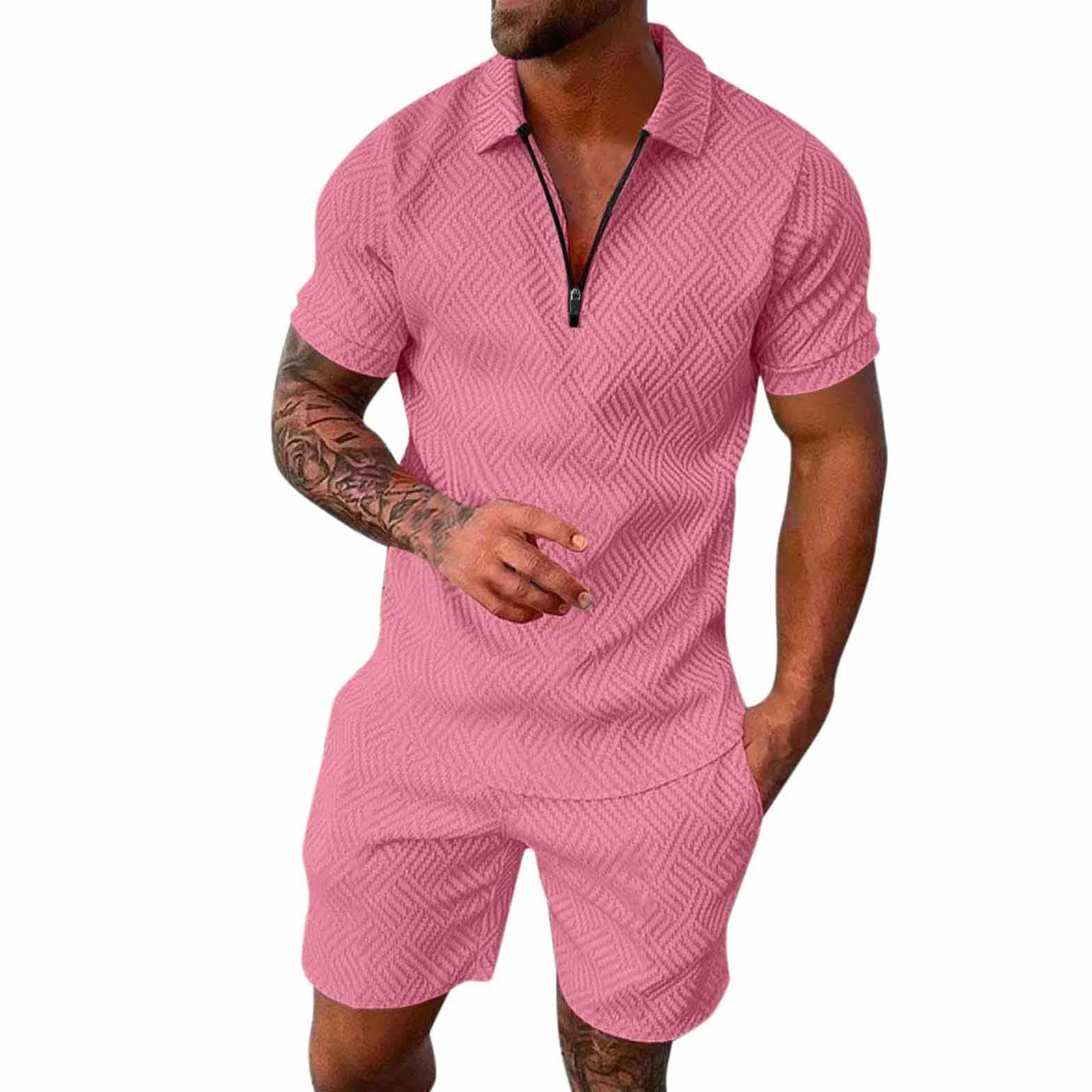 Survêtement de Sport T-Shirt à Manches Courtes Fermeture éclair et Short Ensemble Court 2 Pièces Pour Homme