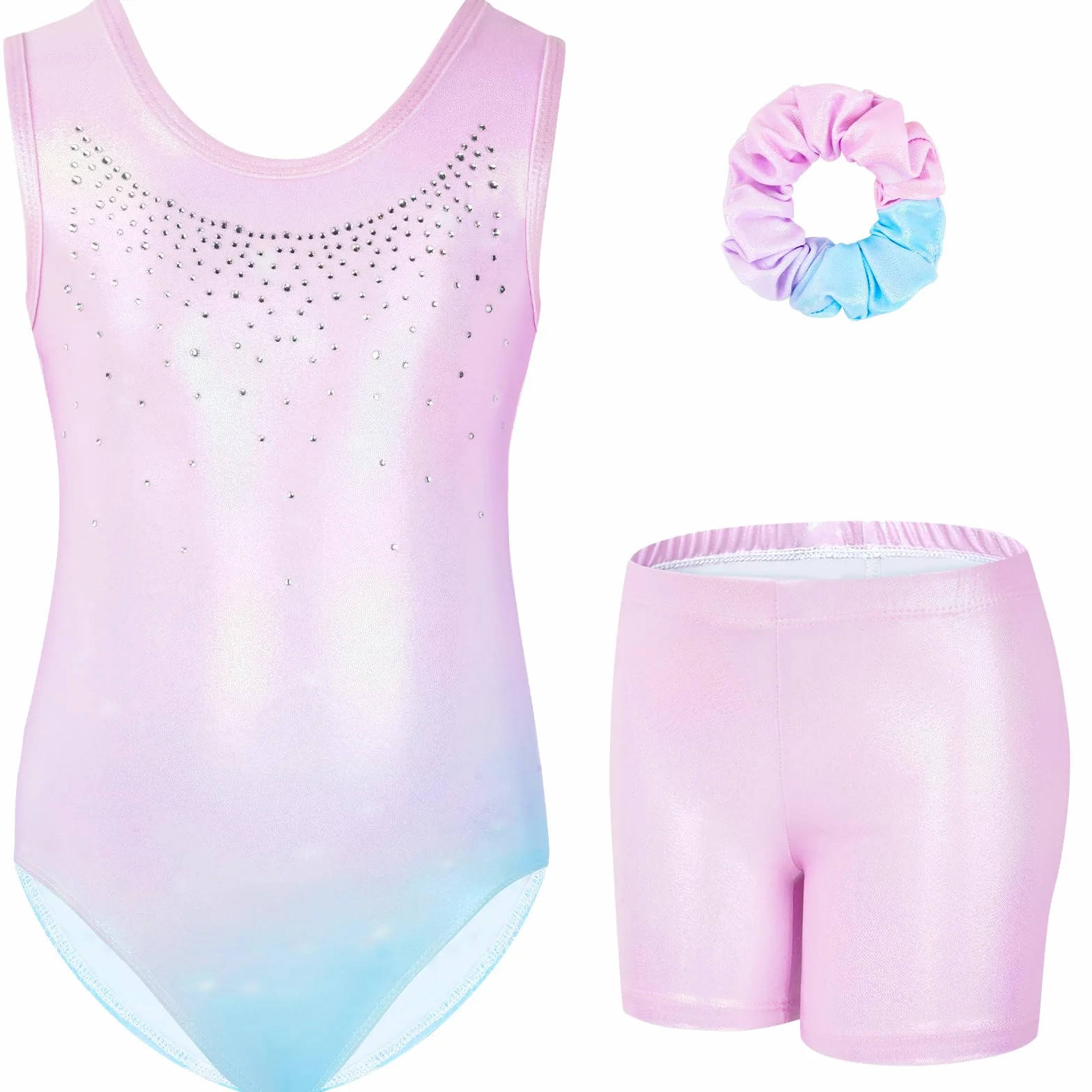 Gogokids Ensemble de Gymnastique Trois Pièces pour Filles, Justaucorps Sans Manches avec Shorts et Bandeau, Dégradé Scintillant 3-12 Ans
