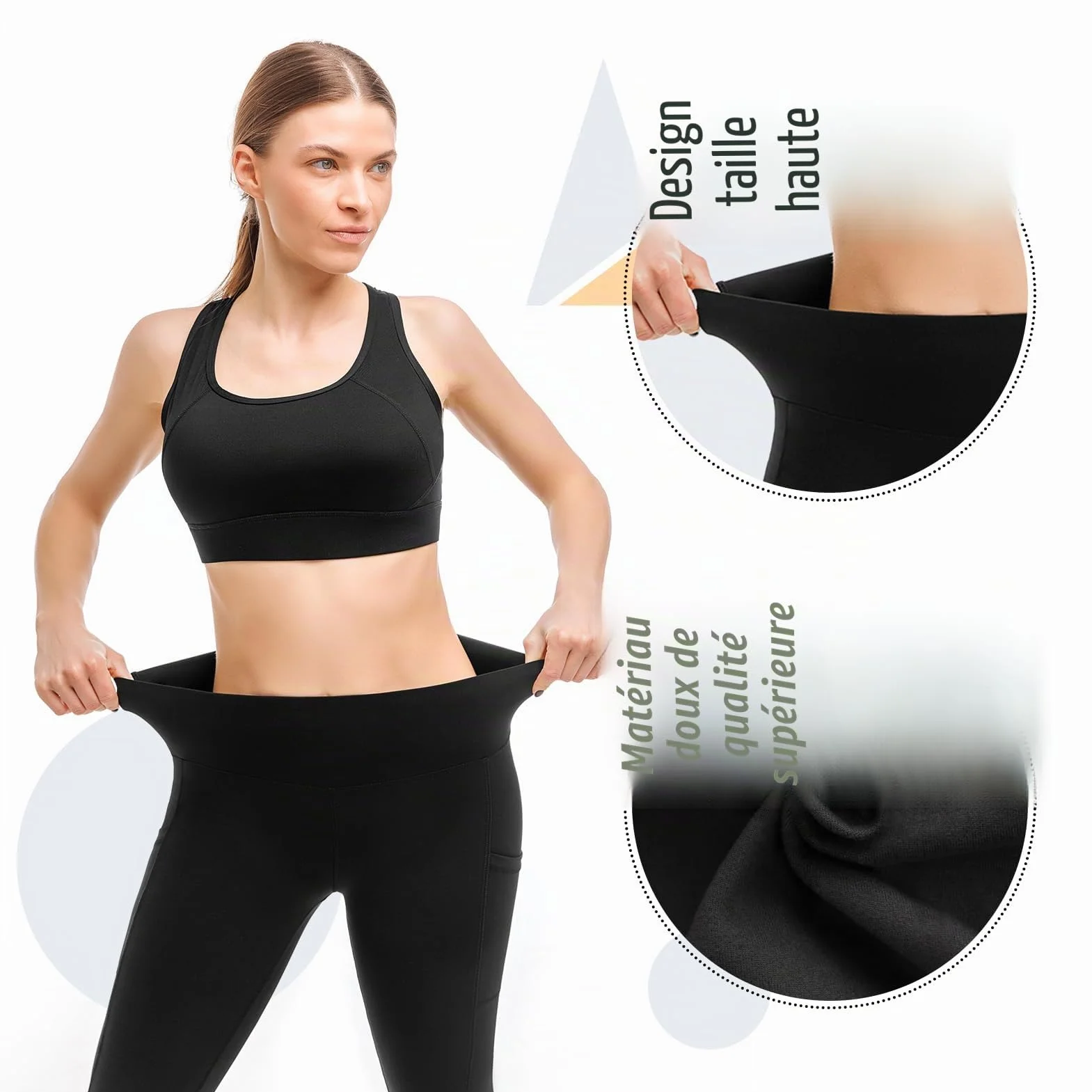 Leafigure Lot de 2 leggings de sport opaques taille haute avec poches