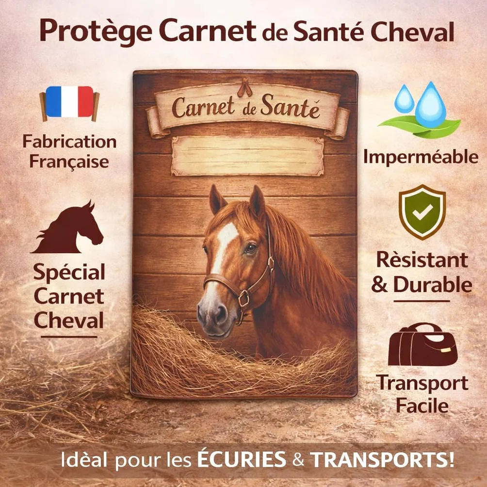 Protège Carnet de Santé Cheval en Gomme Expansée – Porte Passeport Cheval & Livret Signalétique – Fond Bois