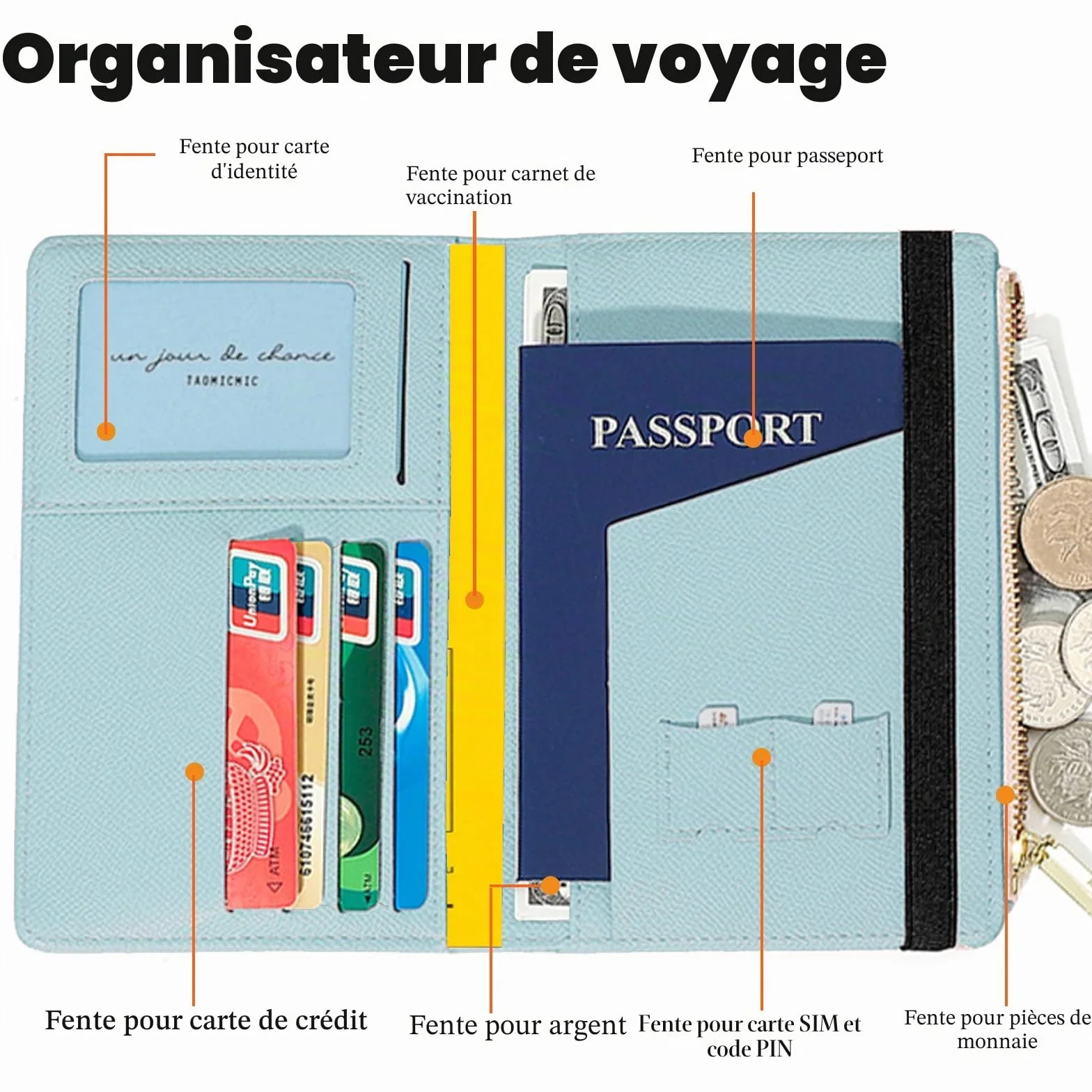 Toctax Protege Passeport Cuir Artificiel RFID-Blocker Pochette Passeport Zippé Bleu