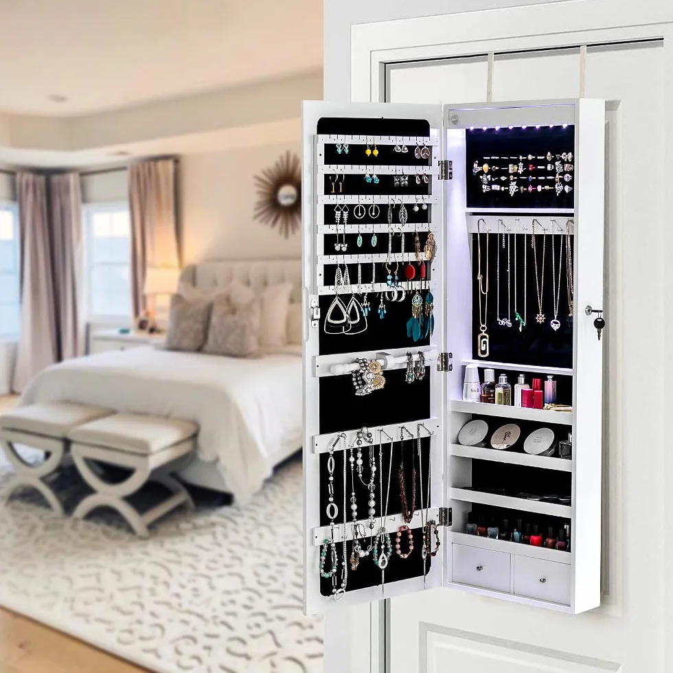 LEADZM Armoire à Bijoux avec Miroir, Meuble de Rangement Mural, Organisateur Verrouillable, Blanc Boisé