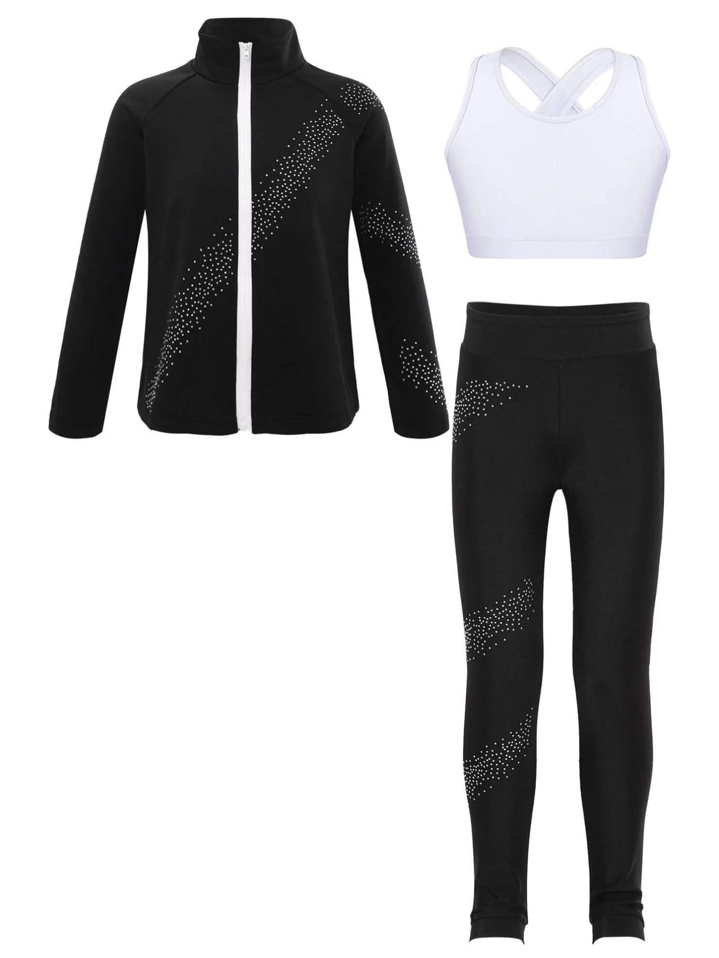 YiZYiF Ensemble Patinage Artistique Paillette Veste Manches Longues Débardeur Legging Justaucorps Gymnastique Costume 5-14 ans
