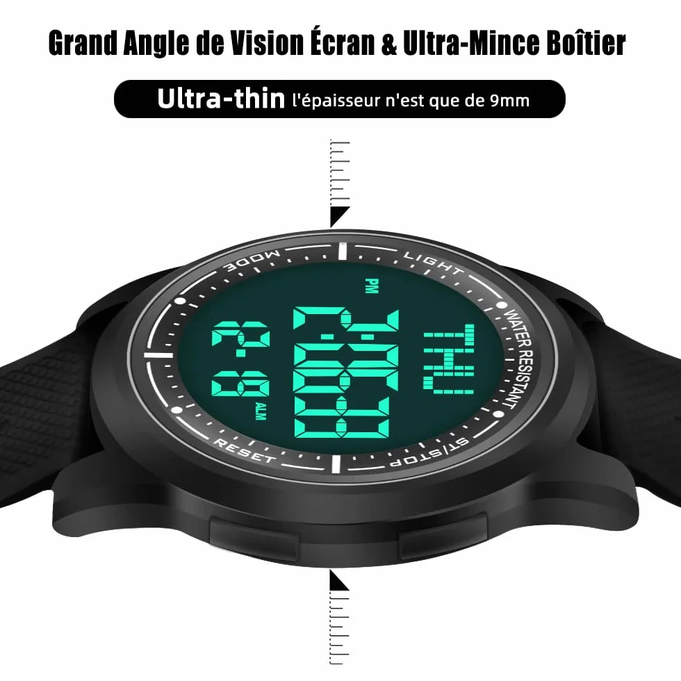 WIFORT Montre Digitale Étanche Hommes Femmes Chronomètre Compte à Rebours Alarme Format 12/24 Heures Sport Ultra-Léger Grand Angle