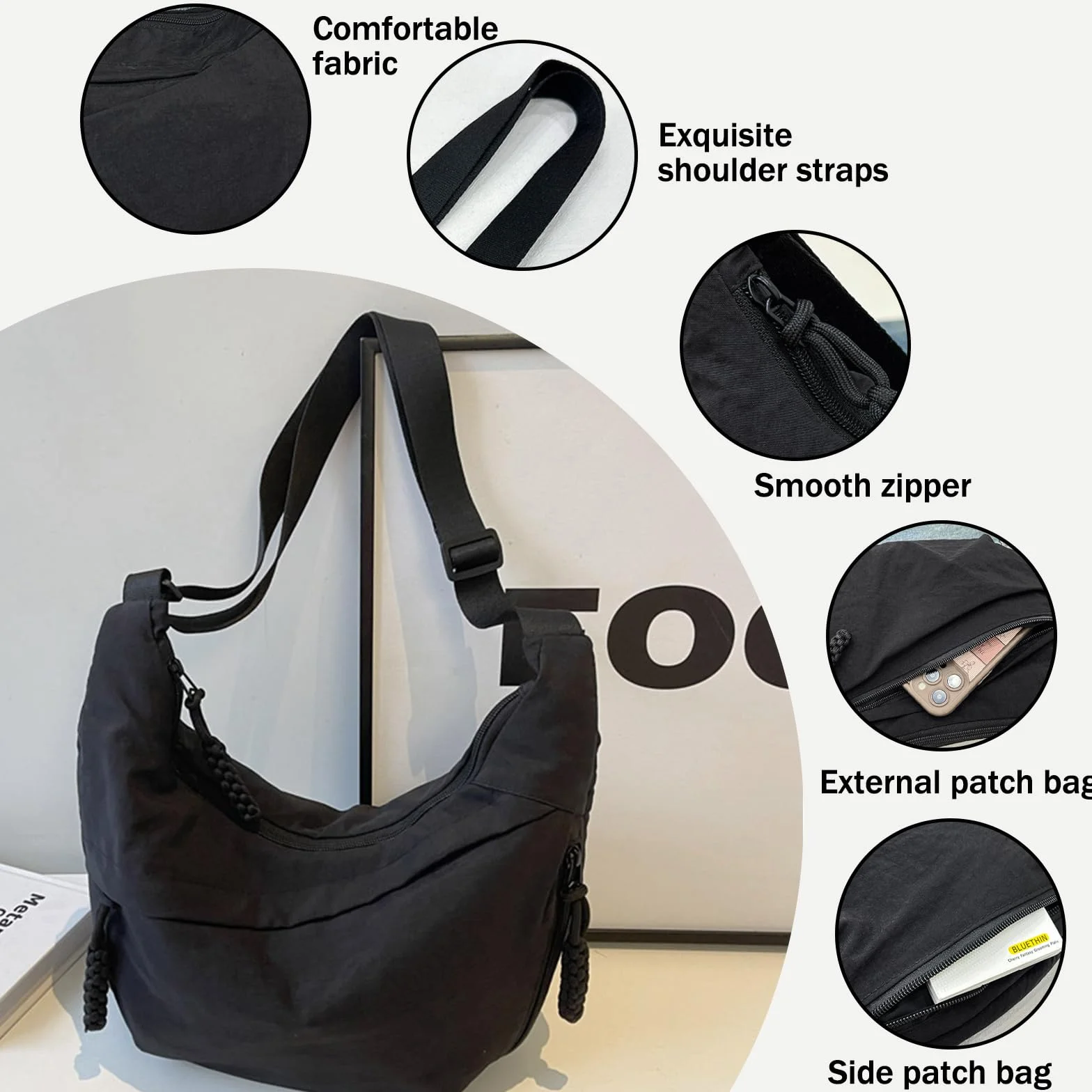 Sac à Bandoulière Demi Lune pour Femme, Sacs Hobo Grand Lanière avec Sangle Ajustable