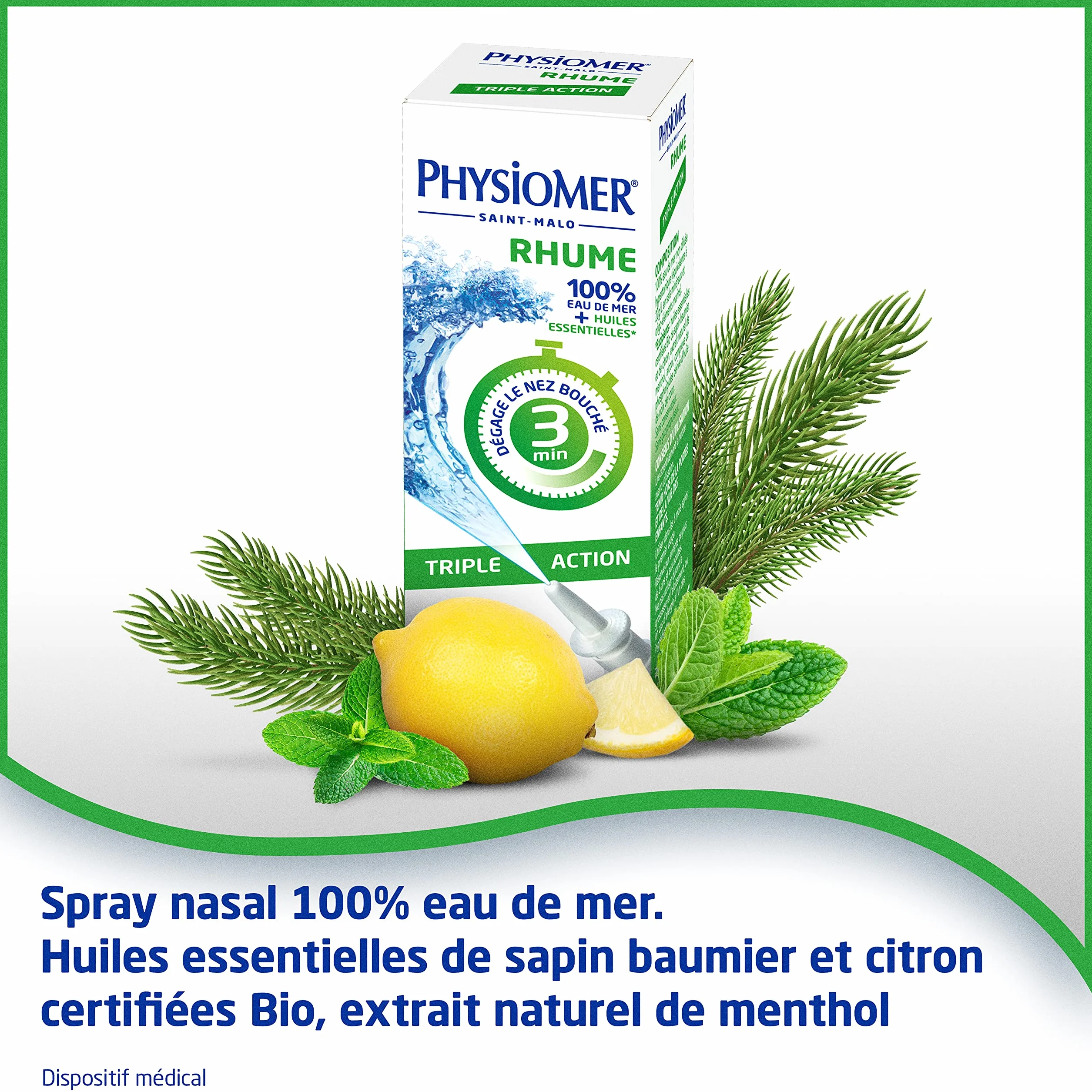 Physiomer Rhume Triple Action Spray nasal 100% eau de mer 20 mL Dispositif médical
