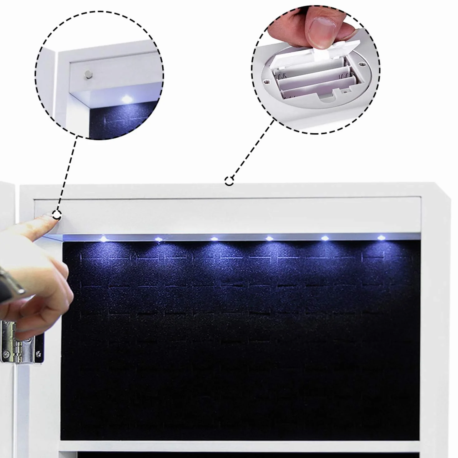 SONGMICS Armoire à Bijoux avec Miroir sur Pieds, Lumières LED 3 Couleurs, Intensité Réglable, Blanc JJC012W01