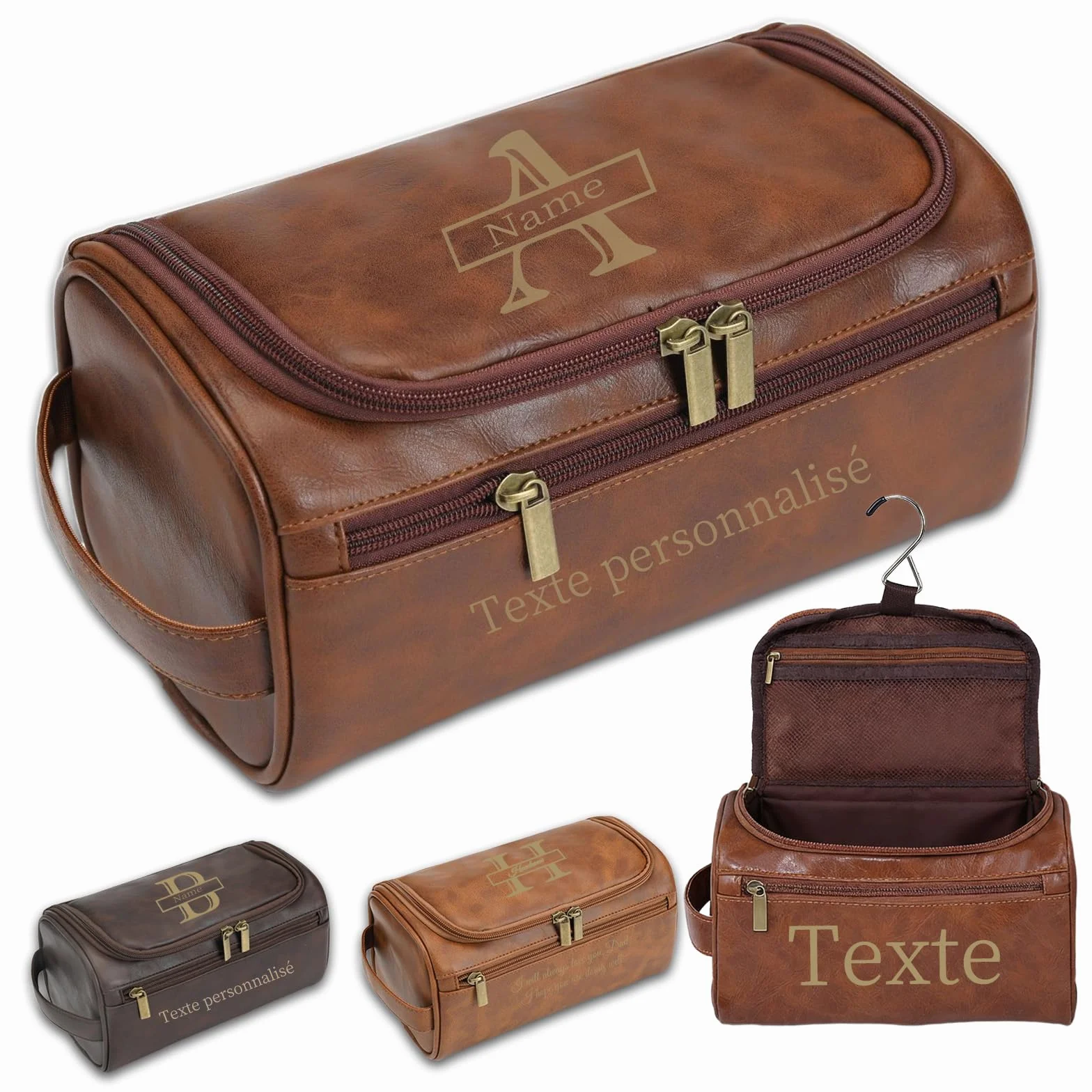 Trousse de Toilette Homme Personnalisée Gravée avec Nom ou Initiales, Cadeau Mariage Fête des Pères Saint-Valentin (Châtain foncé)
