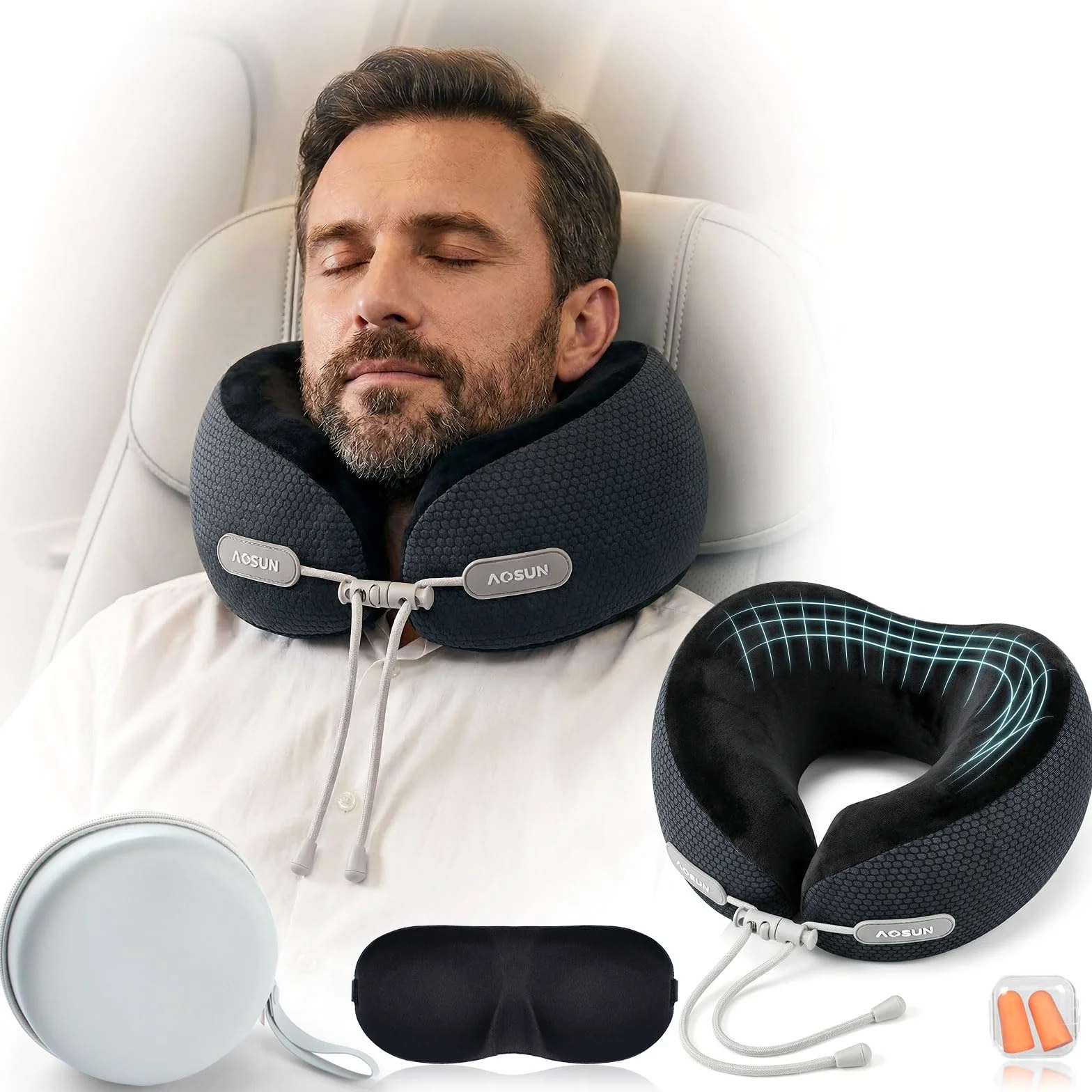 Aosun Coussin de Nuque de Voyage 4 en 1 avec Masque et Bouchon, Mousse à mémoire de Forme, Appui-Nuque Doux pour Dormir