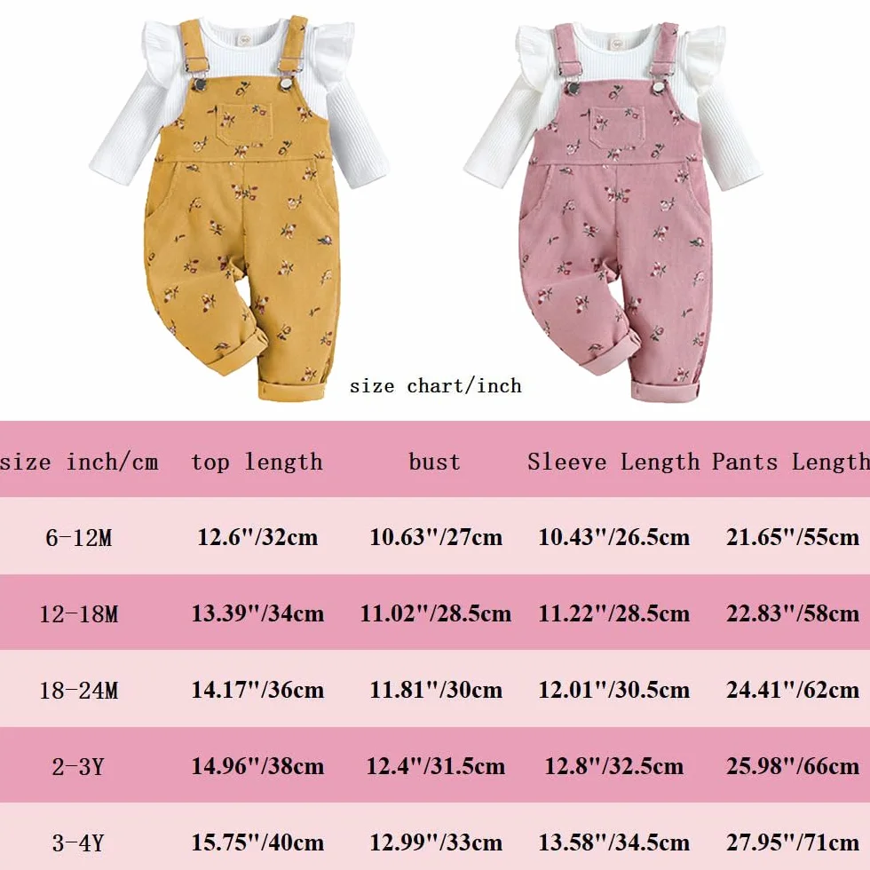 Ensemble Vêtements Bébé Fille Haut Manches Longues Tricot Côtelé Pantalon Bretelles Floral Poches