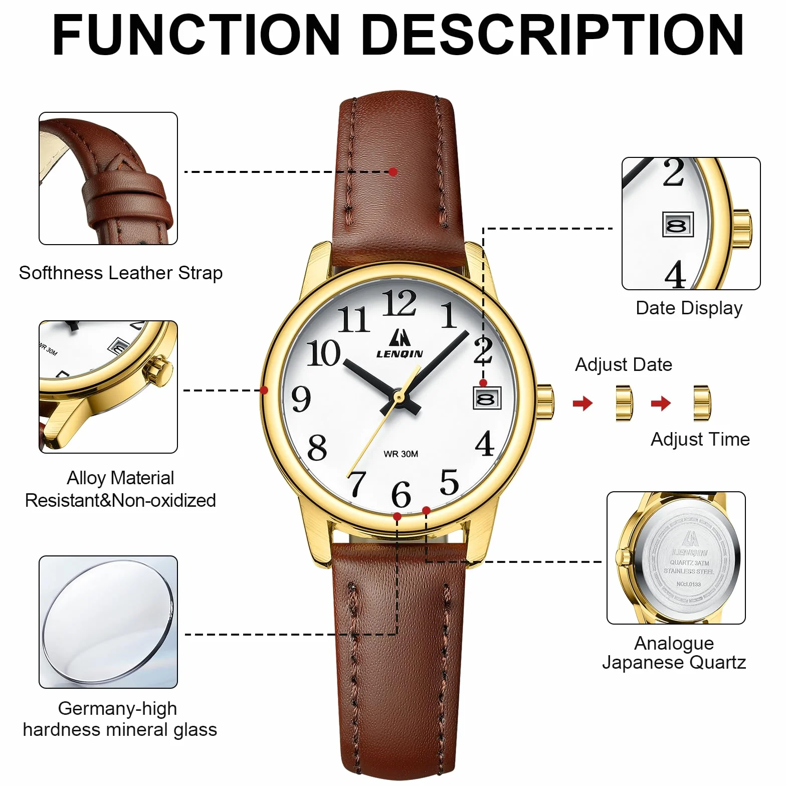 LN LENQIN Montre Femme Quartz analogique étanche Bracelet Cuir