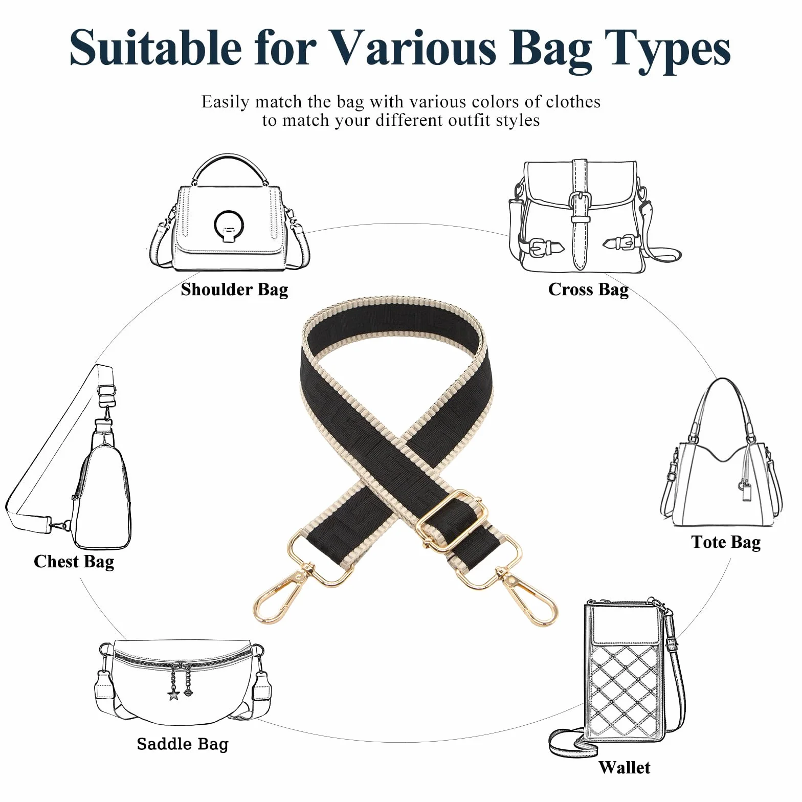 Sangle pour Sac à Main Long Keeper 3,8cm Largeur Réglable 72-129cm Bandoulière de Rechange