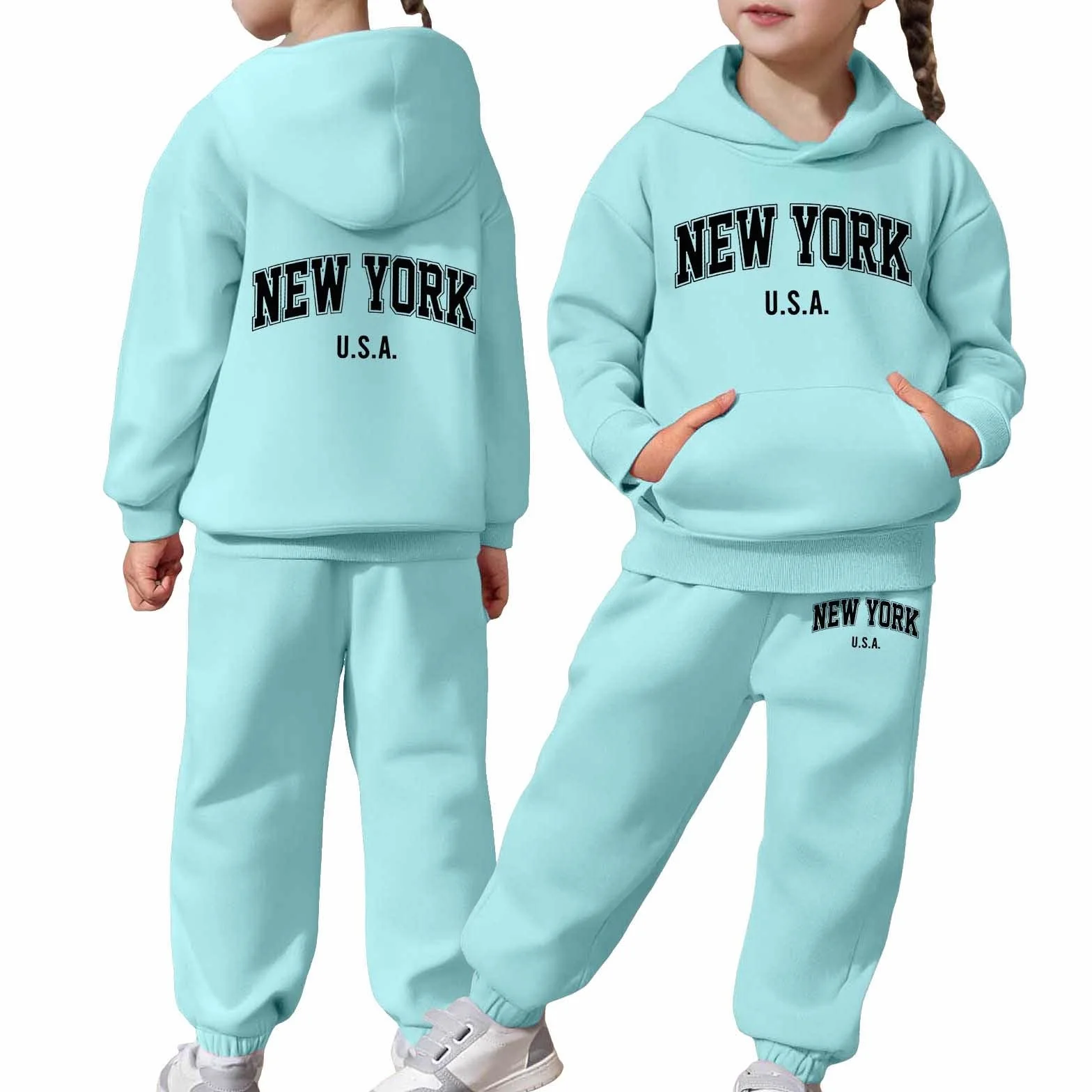 Survêtement enfant 2 pièces pull manches longues capuche pantalon jogging ensemble chaud impression lettre