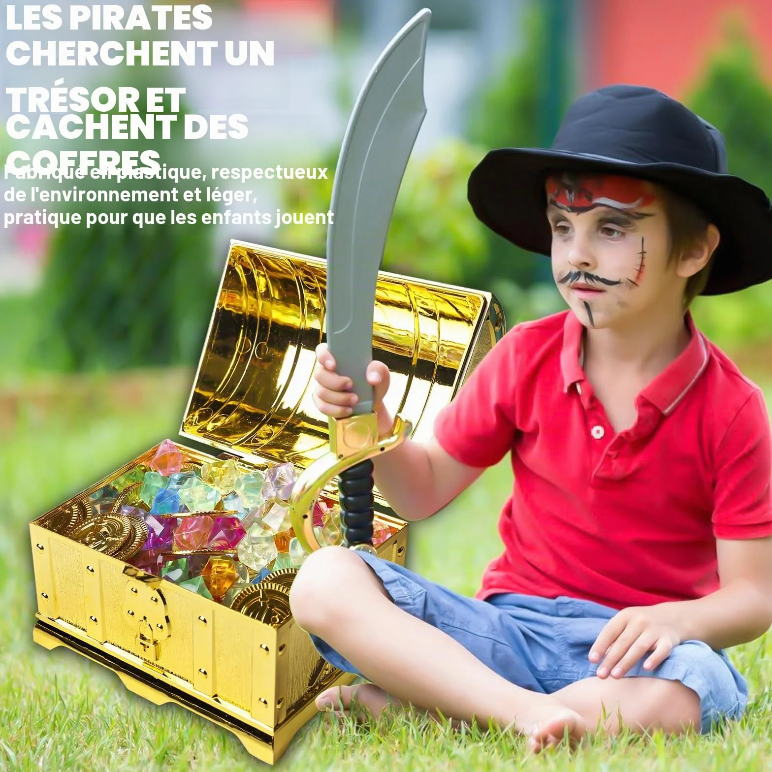 Coffre au trésor pour enfant avec serrure - 20 pièces d'or et 100 pierres précieuses