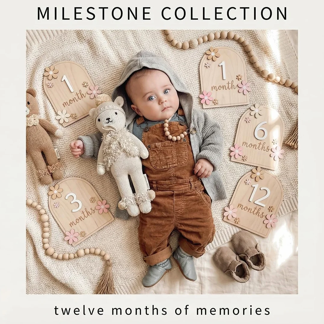 Cartes Mensuelles en Bois pour Bébé Style Floral 0-12 Mois Accessoires Photo Cadeau de Naissance