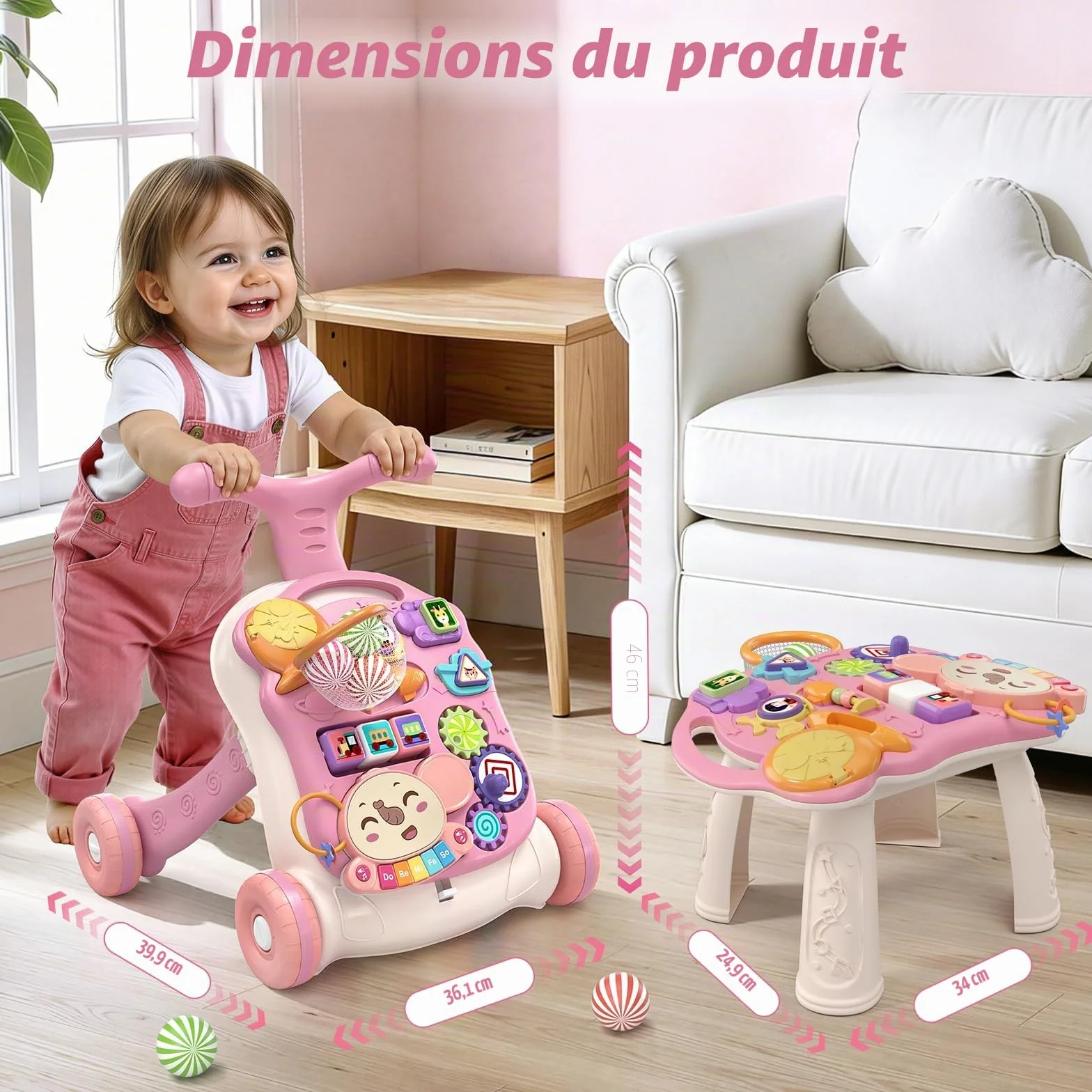Trotteur Bébé Enfants 3 en 1 Chariot de Marche Détachable avec Vitesse Réglable et Table Activité d'Éveil pour 6-36 Mois