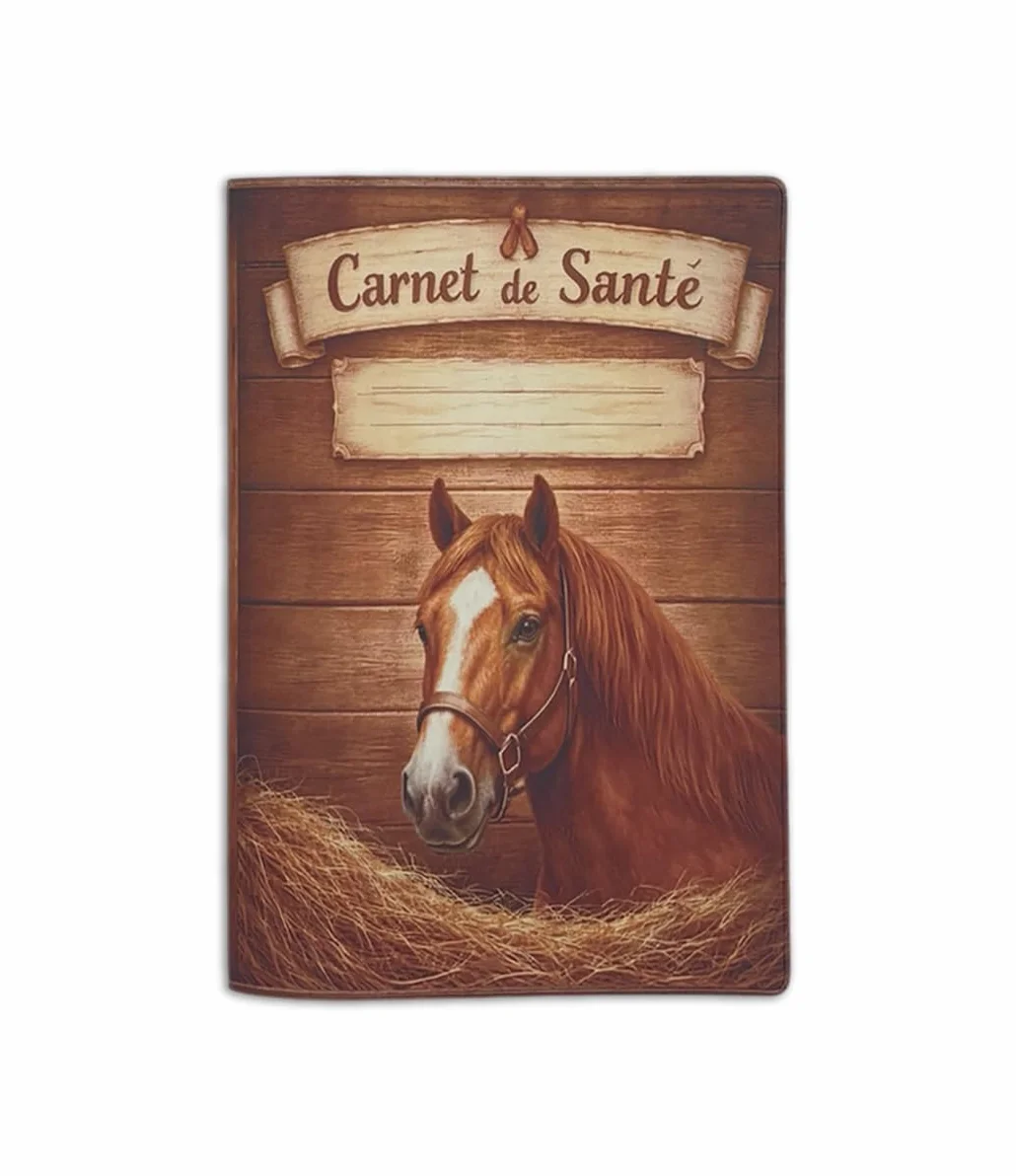 Protège Carnet de Santé Cheval en Gomme Expansée – Porte Passeport Cheval & Livret Signalétique – Fond Bois