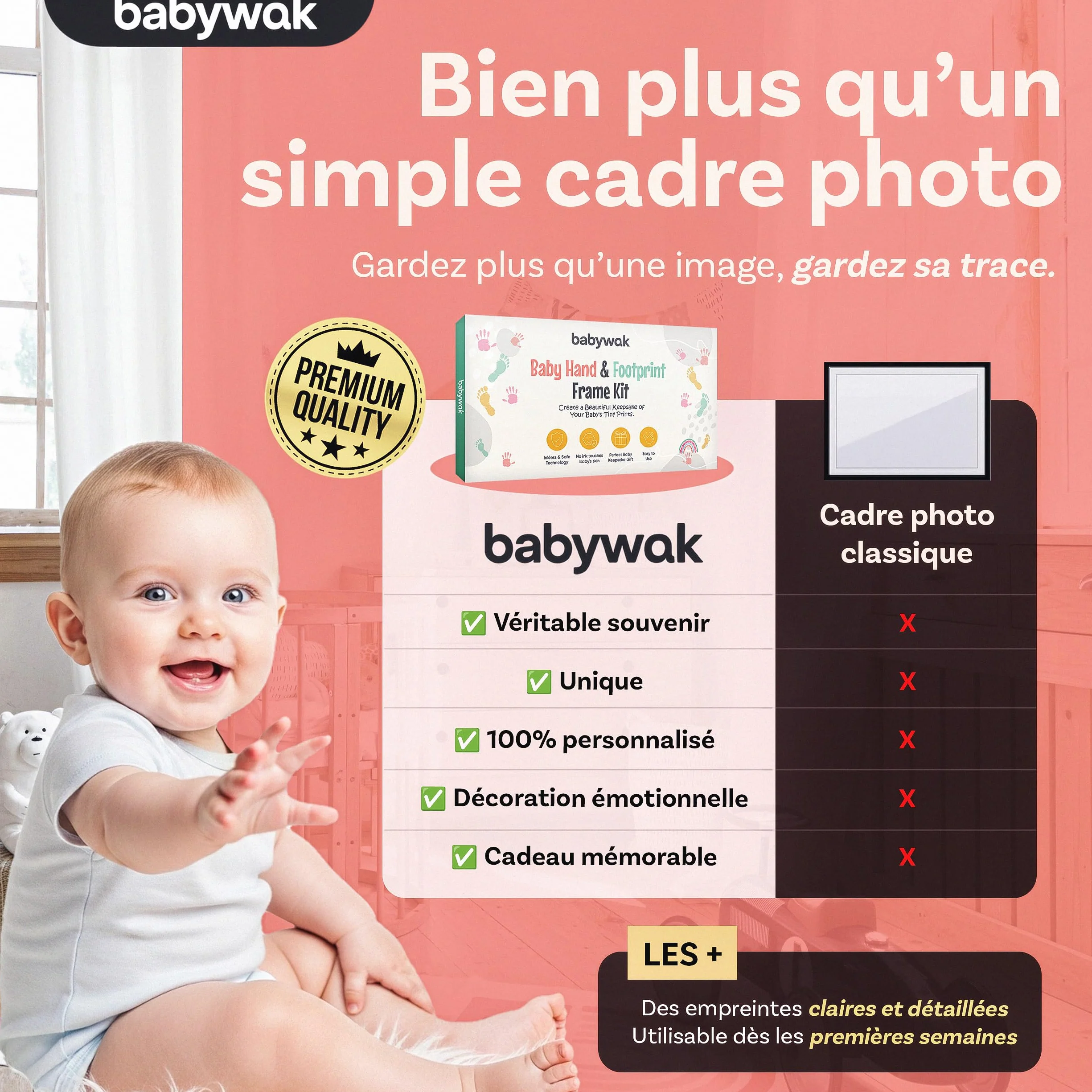 Kit Empreinte Bébé sans Encre avec Cadre Photo en Bois – Cadeau Naissance Baby Shower – Souvenir Nouveau-né 0-6 Mois