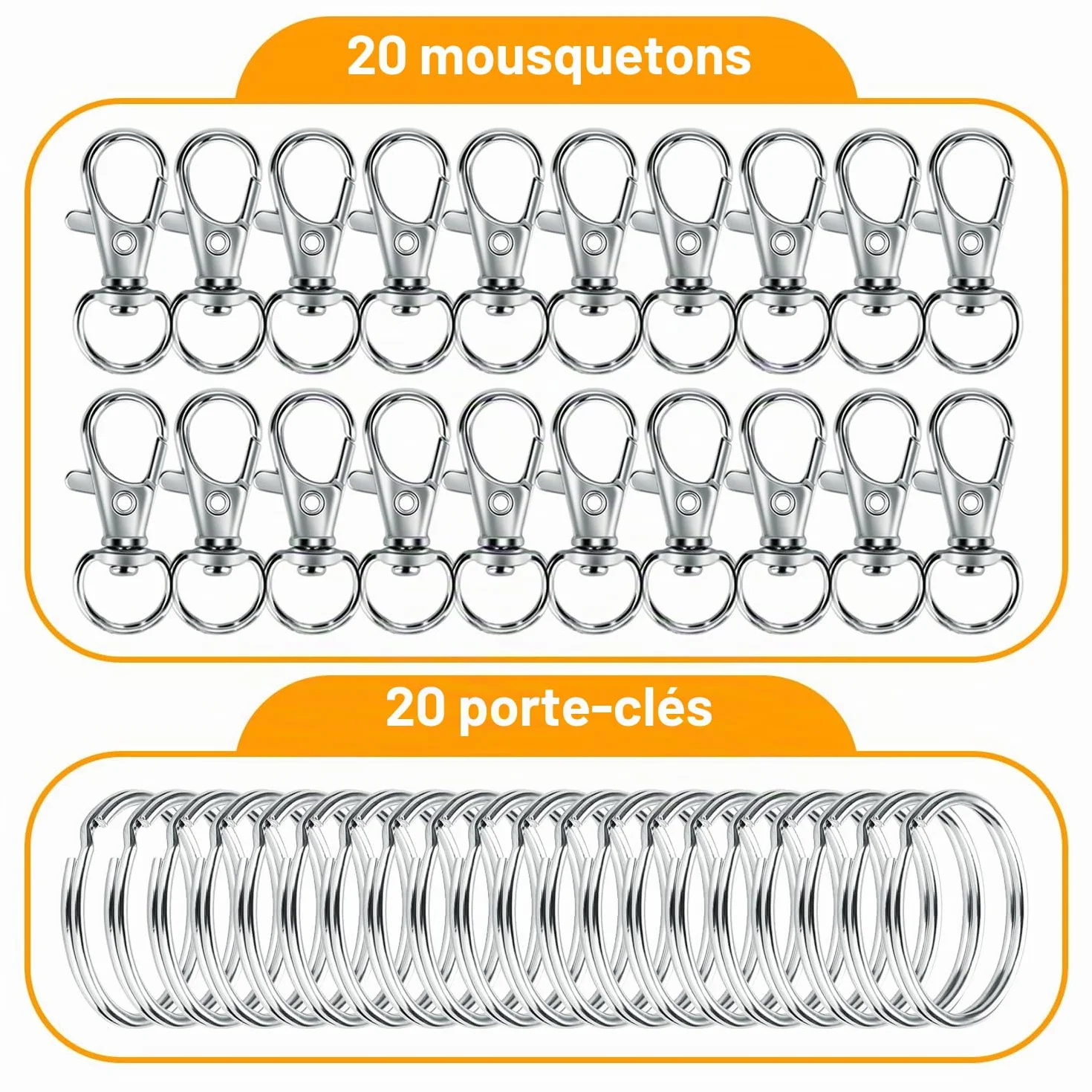 Porte-clés mousqueton anneau en acier inoxydable 40 pièces, ensemble alliage zinc pour bricolage artisanat maison voiture sport