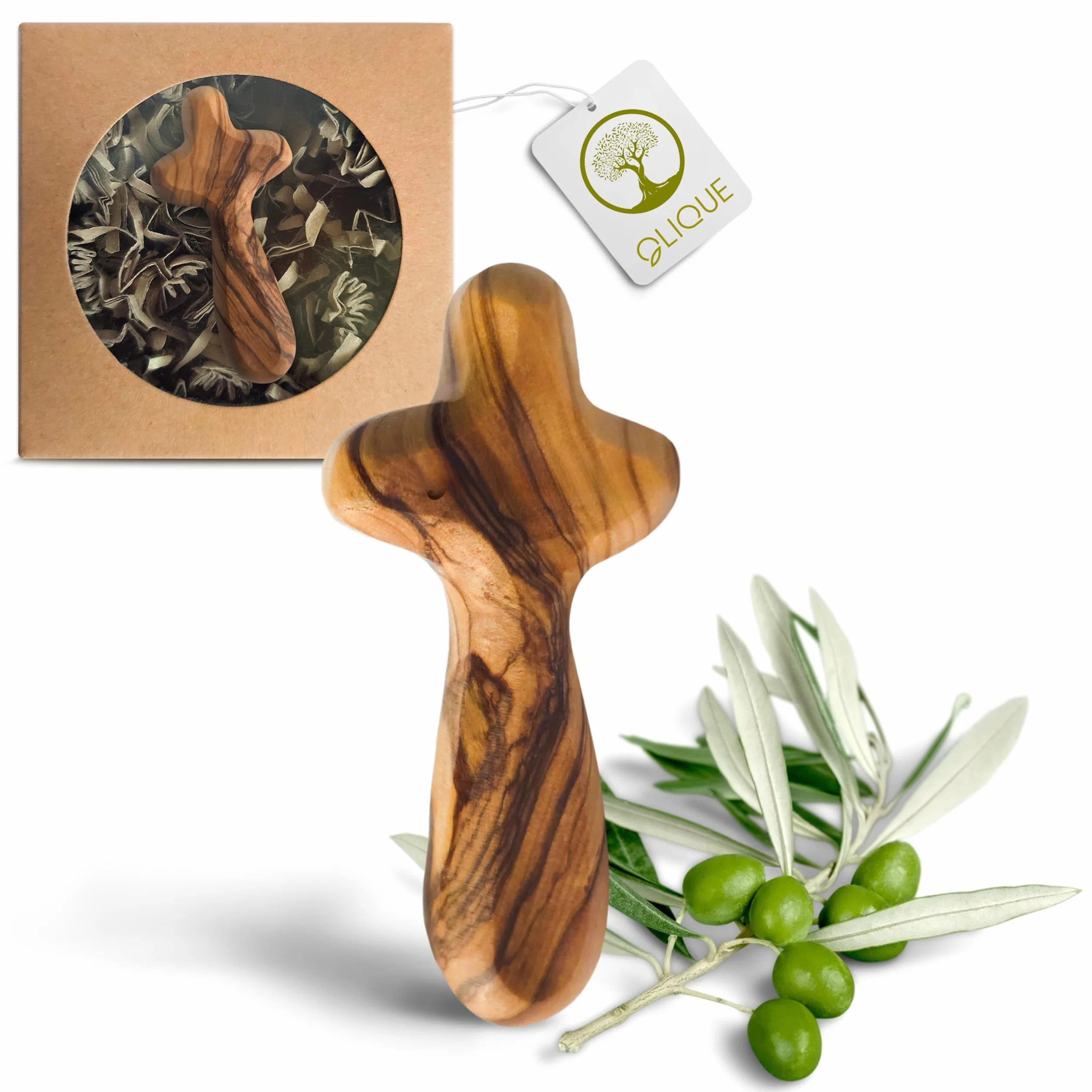 Croix en bois d'olivier faite à la main pour naissance, baptême, communion et confirmation