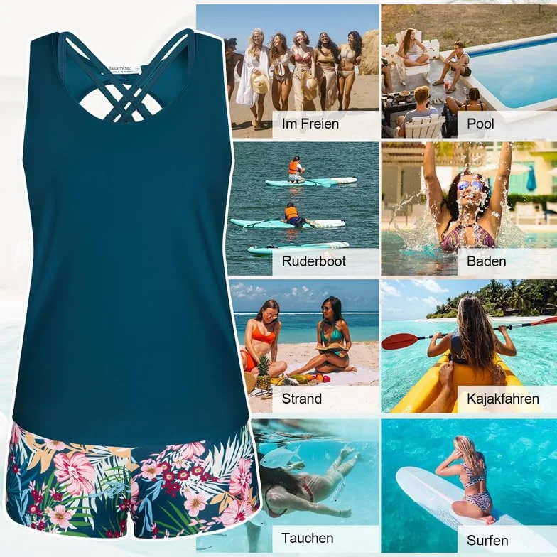 JASAMBAC Tankini Maillot de Bain Femme 3 Pièces Imprimé Floral Contrôle du Ventre