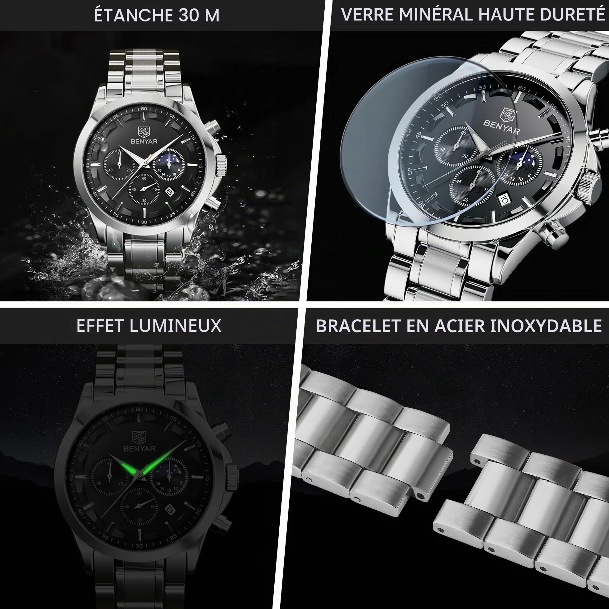 Montre Homme Chronographe Etanche Lumineuse Date Grand Cadran Quartz BENYAR