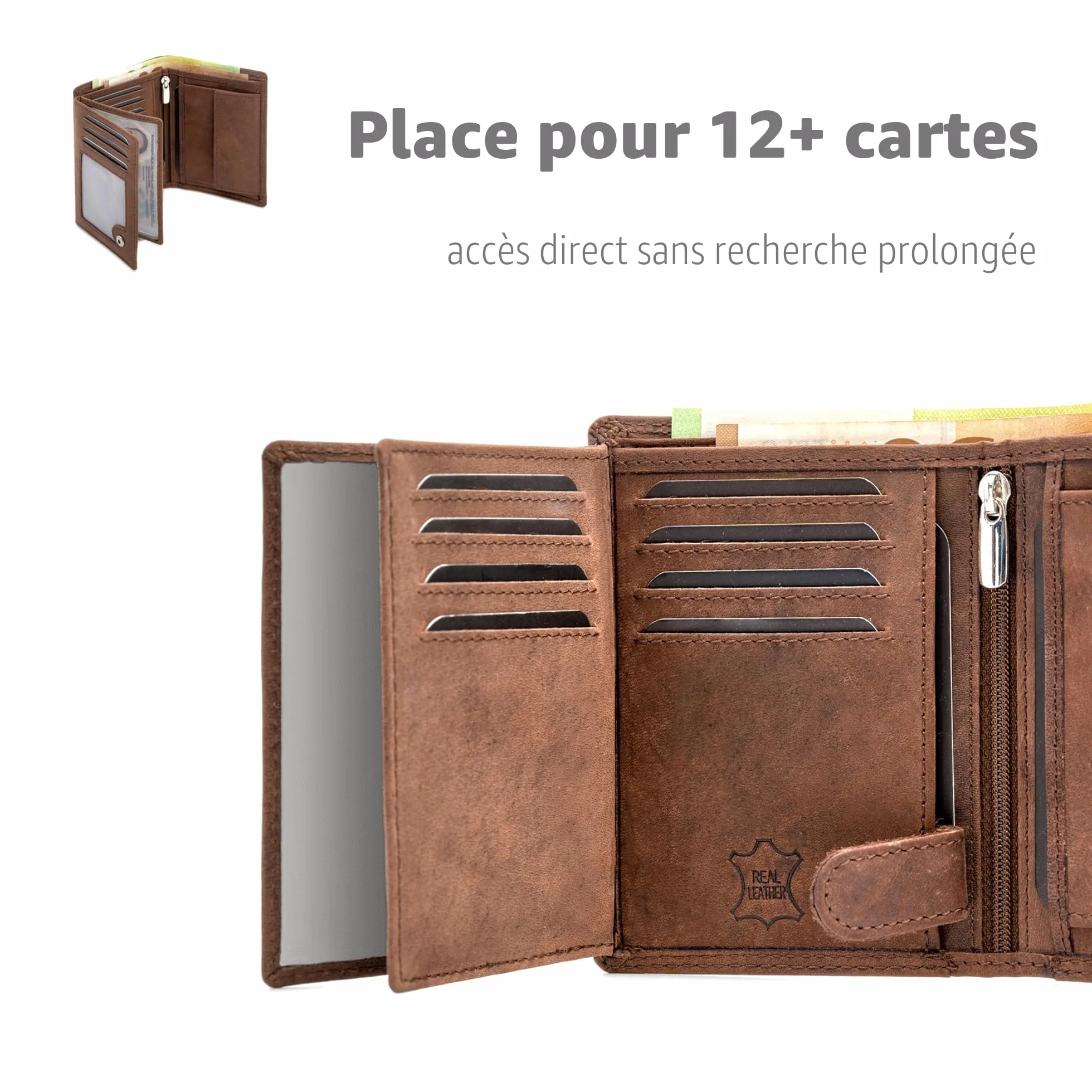 Fa.Volmer Porte-Monnaie en Cuir pour Hommes avec Protection RFID - Grand Porte-Monnaie en Cuir de Buffle véritable - Format Vertical - Marron