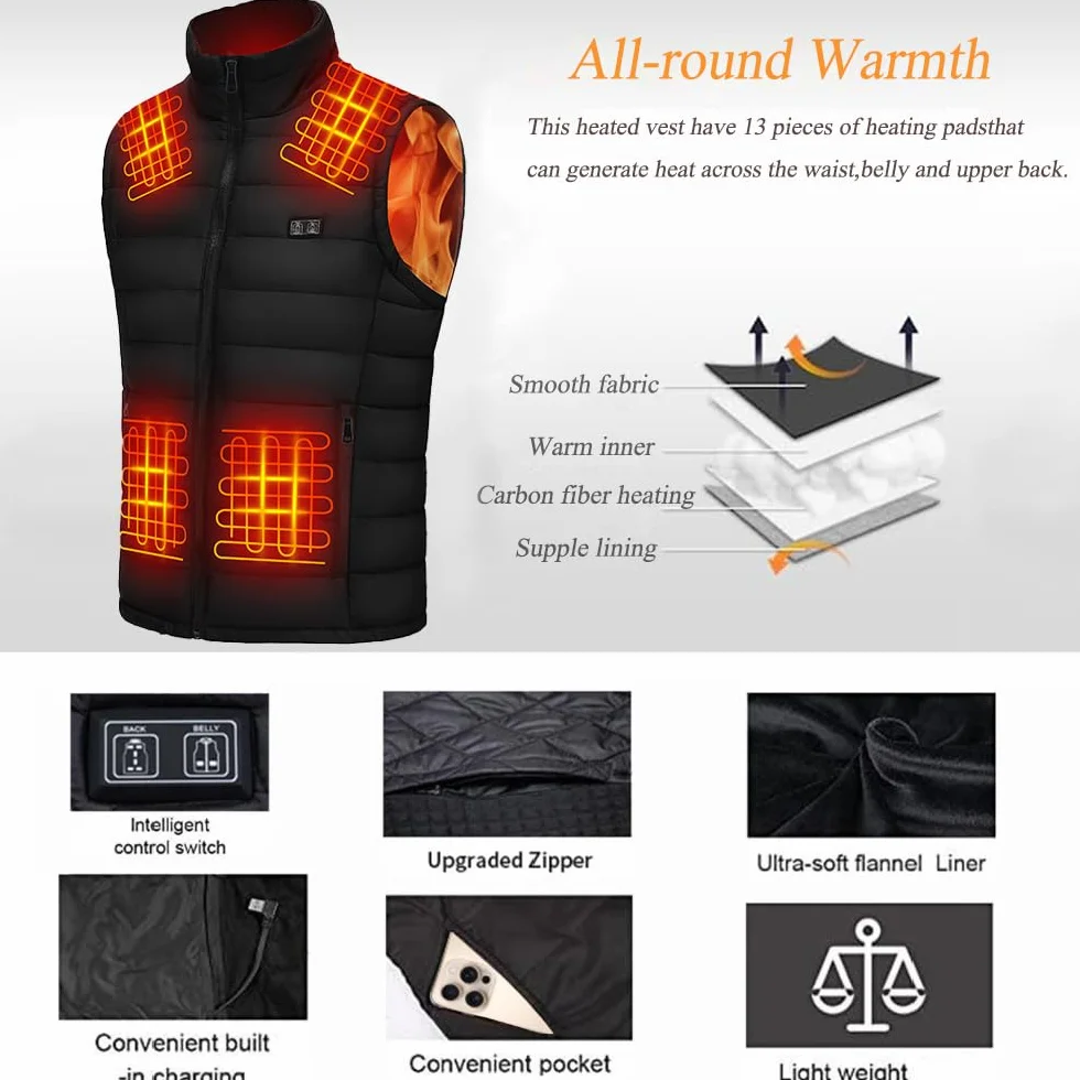 Gilet Chauffant Électrique Homme Sans Manche 13 Zones 3 Modes Batterie Incluse