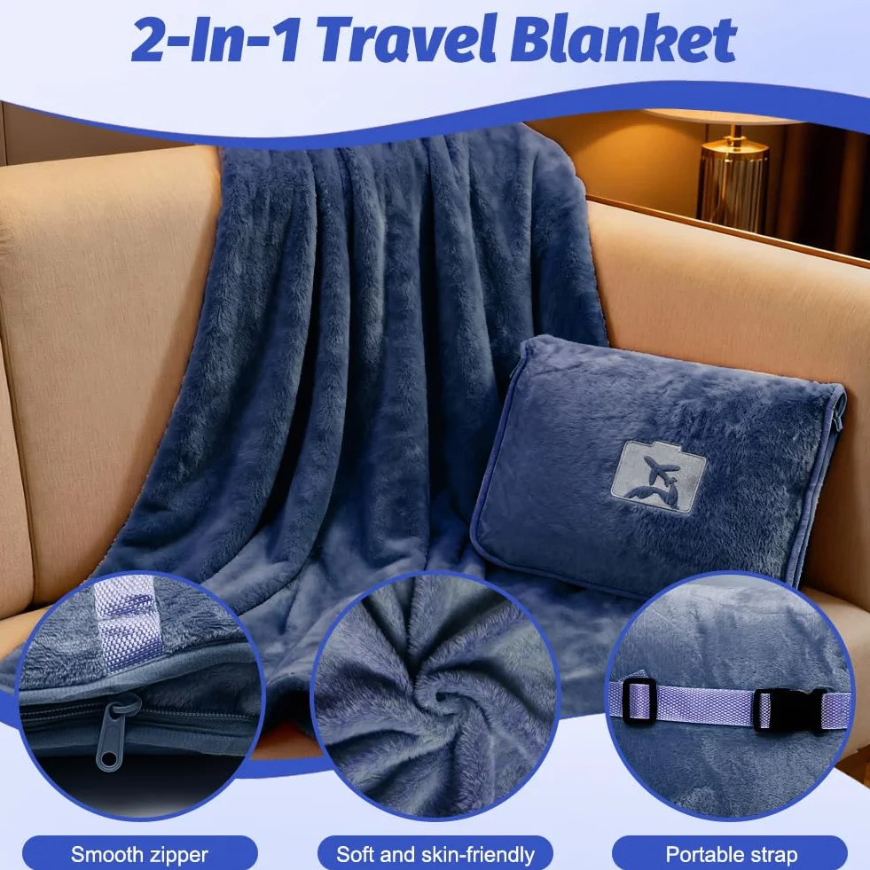 Couverture de Voyage 2 en 1 avec Oreiller, Douce et Chaude pour Avion, Voiture, Bureau