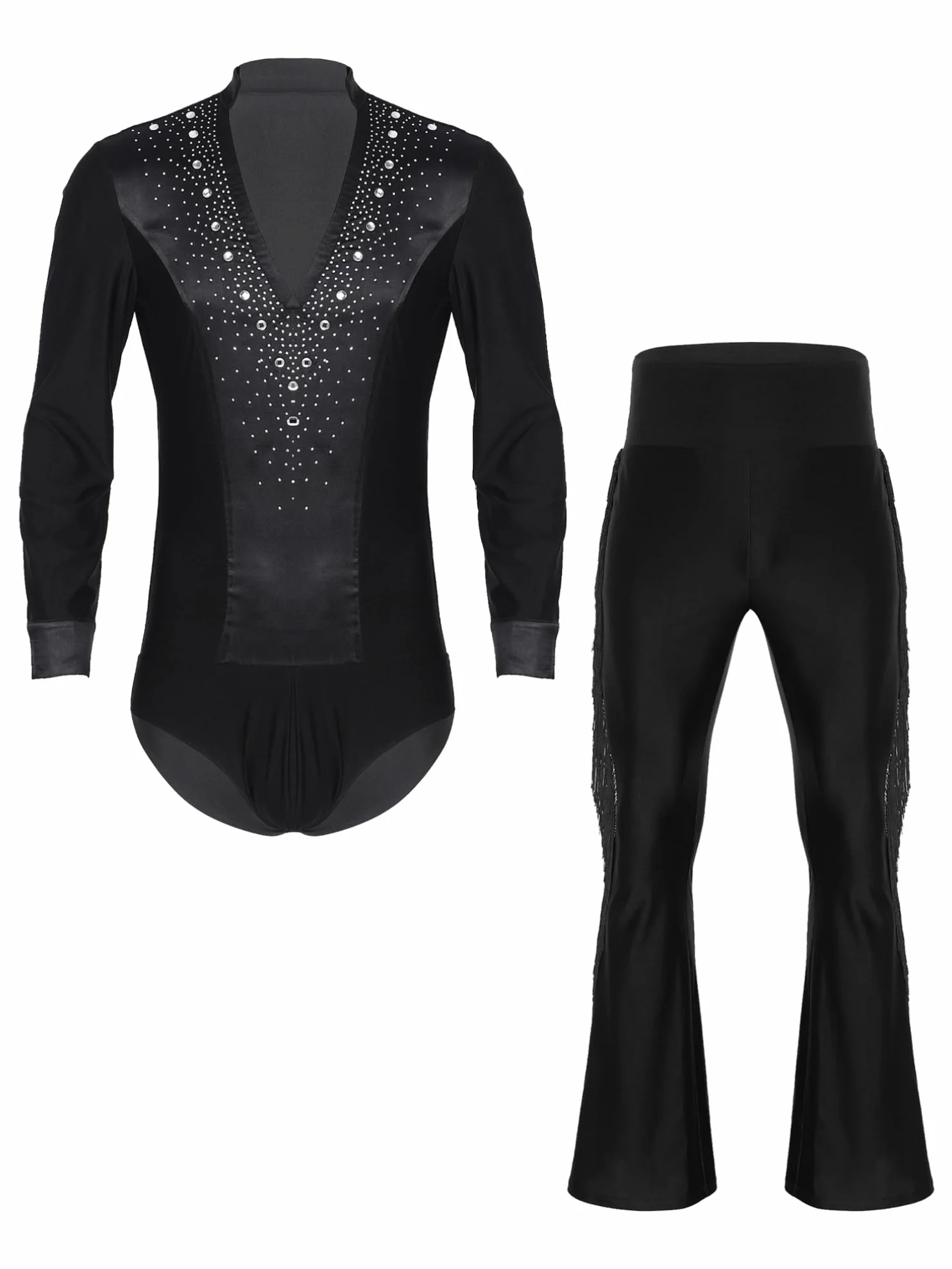 ranrann Ensemble Justaucorps Danse Latine avec Pantalon à Franges Tenue Danse Jazz Tango Chacha
