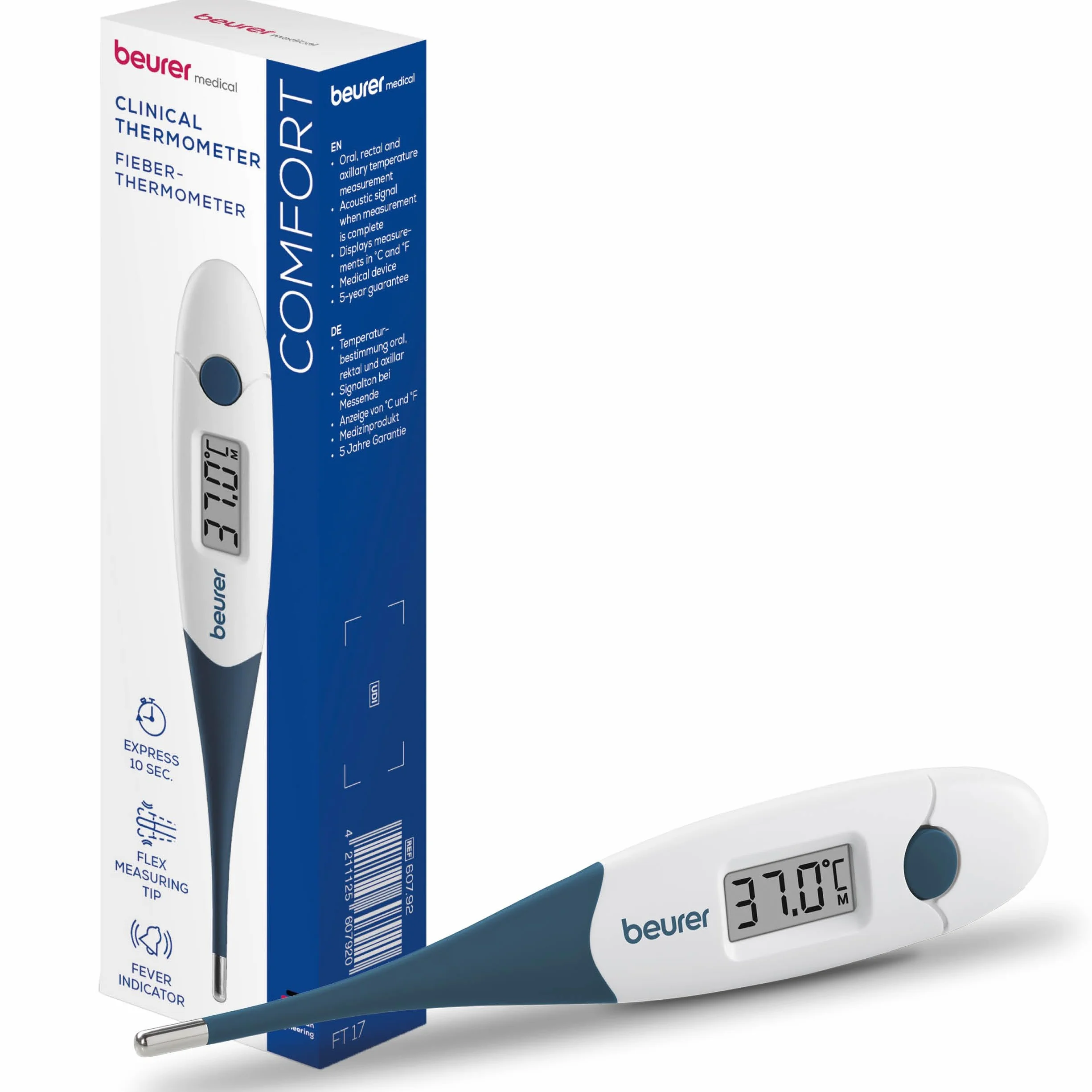 Beurer FT 17 Thermomètre clinique numérique, pointe flexible, mesure orale rectale axillaire, 10 s, indicateur fièvre
