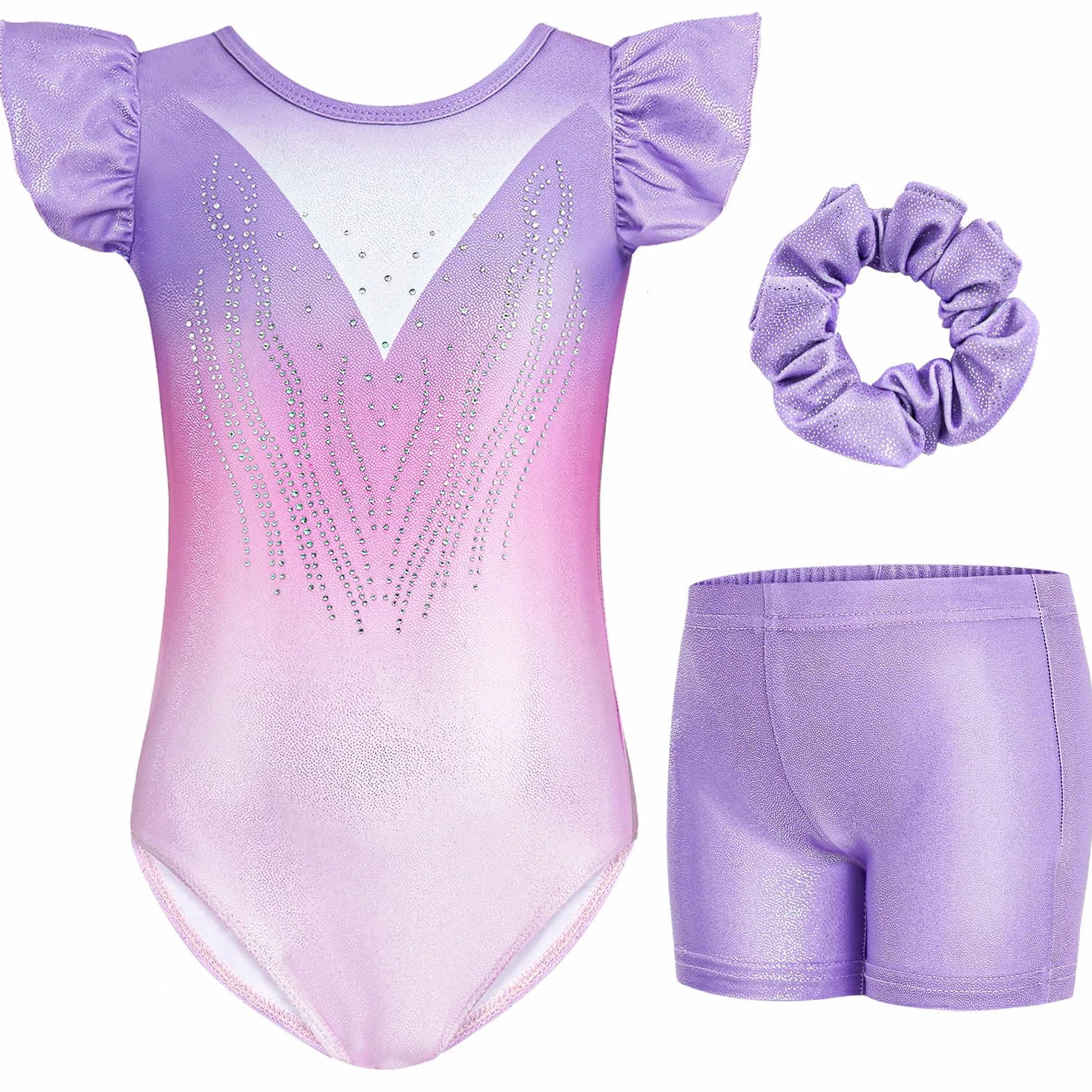 Gogokids Ensemble de Gymnastique 3 Pièces Justaucorps à Manches Volantées pour Filles Design à Paillettes Dégradées 3-12 Ans