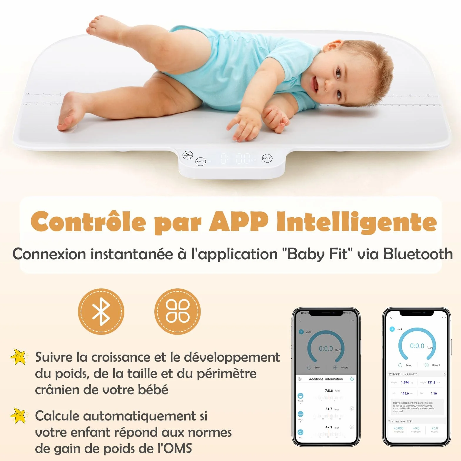 DREAMADE Pèse-bébé Numérique 30KG Balance Enfants Animal Multifonctionnel 4 Modes Affichage LED Précise 2g Fonction Maintien Échelle 60CM Bluetooth