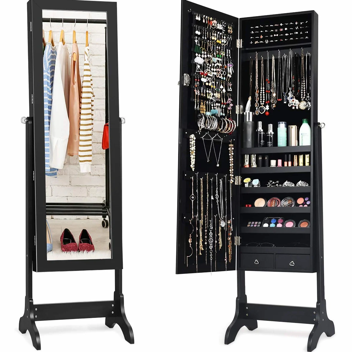COSTWAY Armoire à Bijoux sur Pied avec Miroir Pivotante 4 Niveaux 8 Étagères Rangement Bijoux Noir