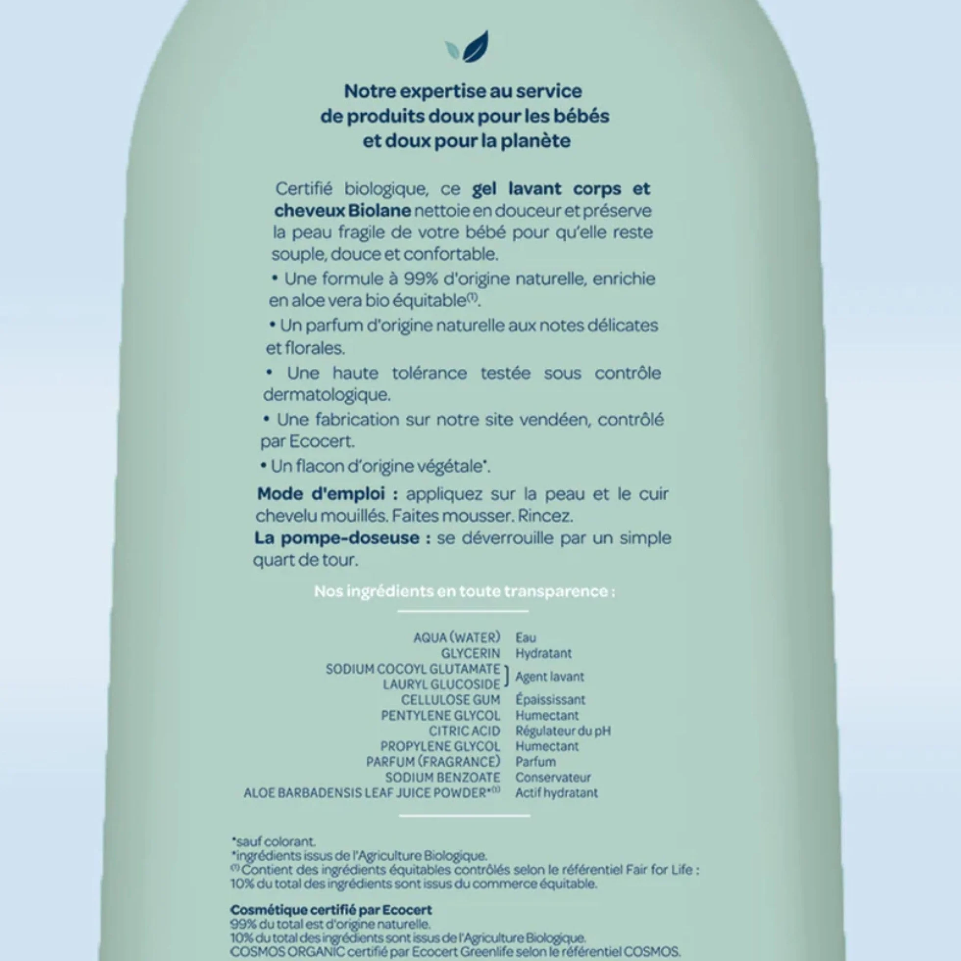BIOLANE Gel douche corps et cheveux 2 en 1 Certifié BIO 500ml 97% Origine Naturelle Peaux Sensibles Fabriqué en France