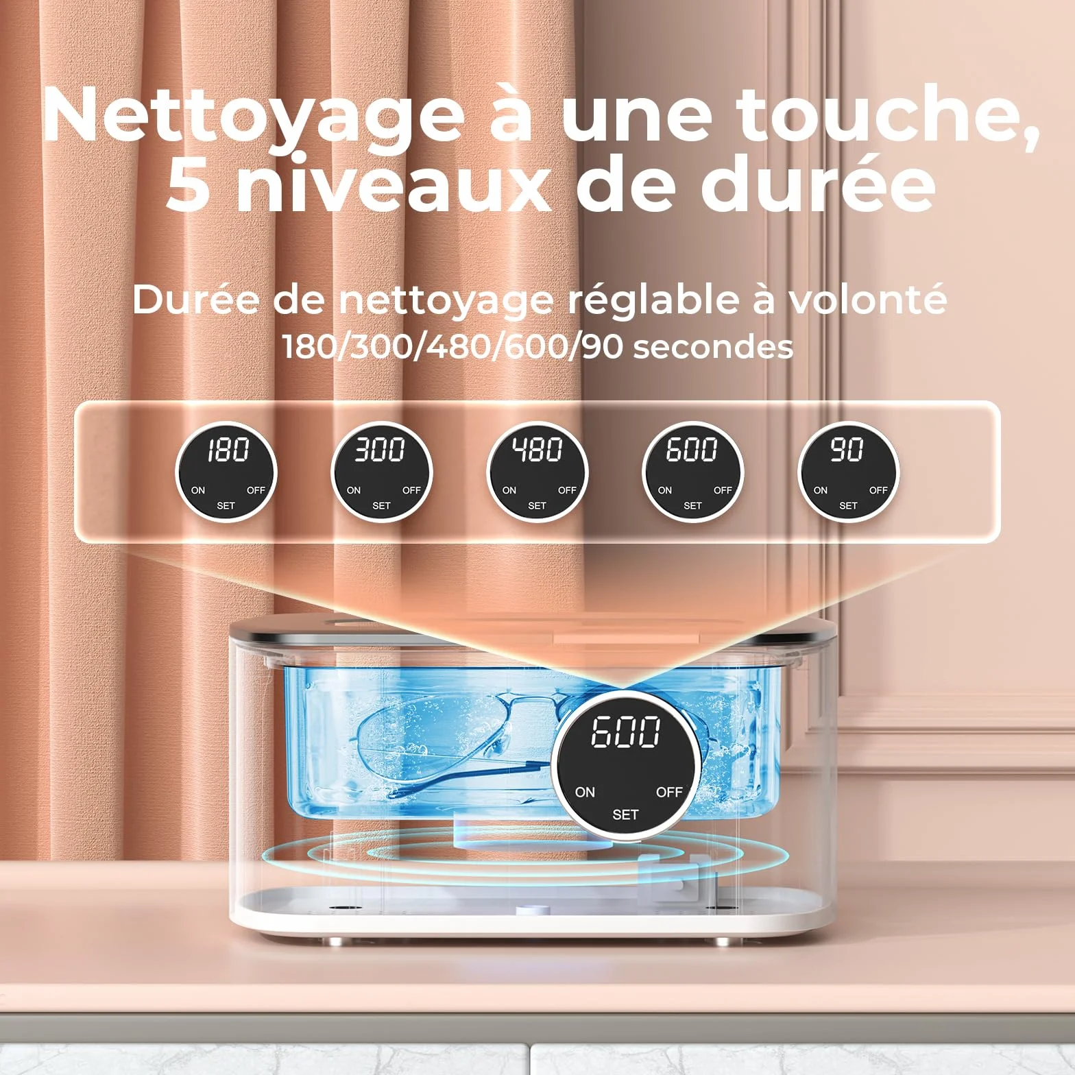Nettoyeur Ultrasons 600ML 43kHz, Nettoyant Ultrason Bijoux avec Panier et Support