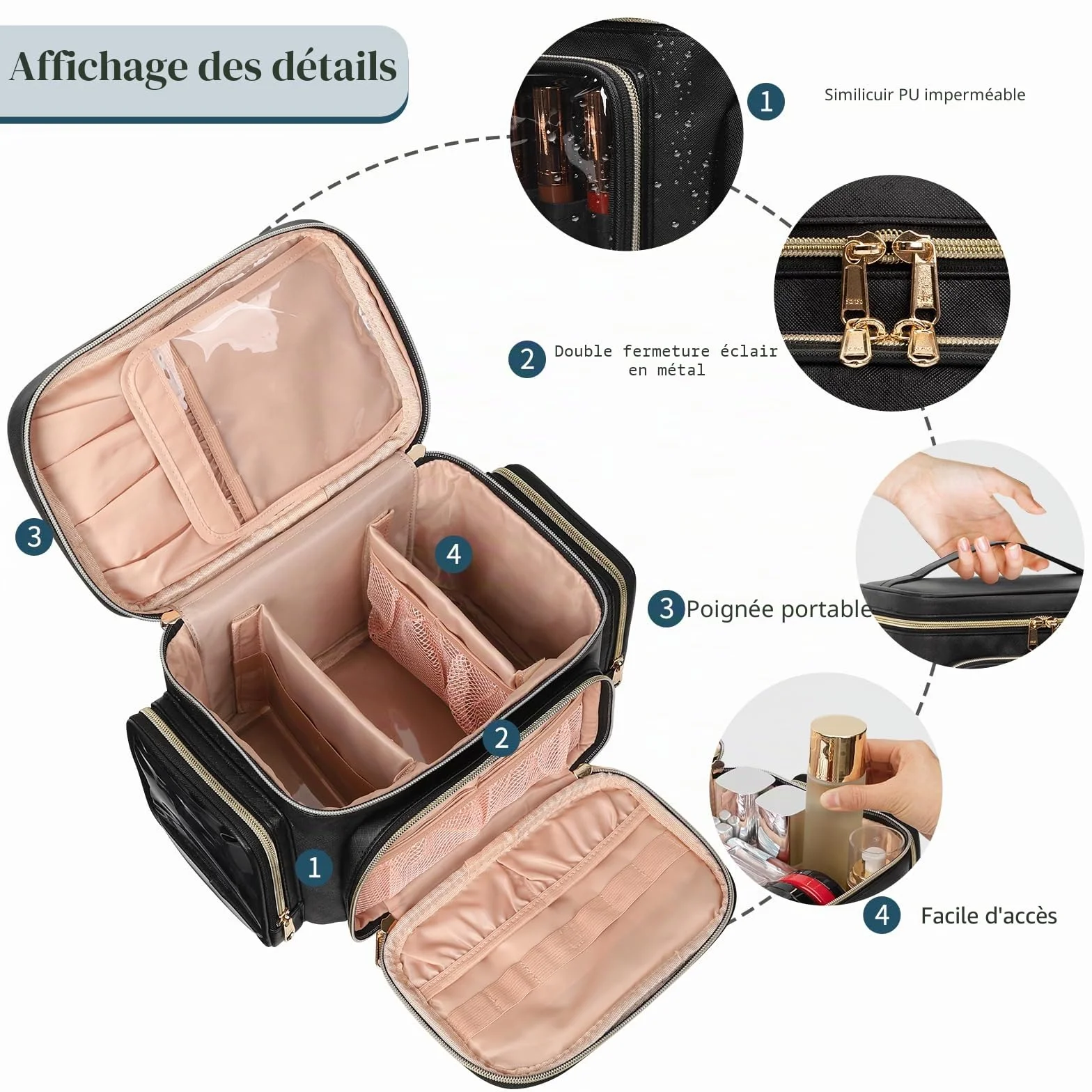 Pochette de maquillage pour femme avec support pour pinceaux, organisateur portable, Noir