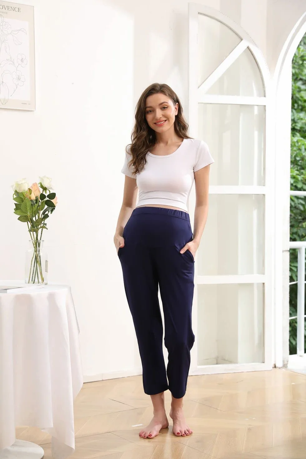 Pantalons de Maternité pour Femme, Pantalon de Grossesse avec Panneau Abdominal Élastique et Poches