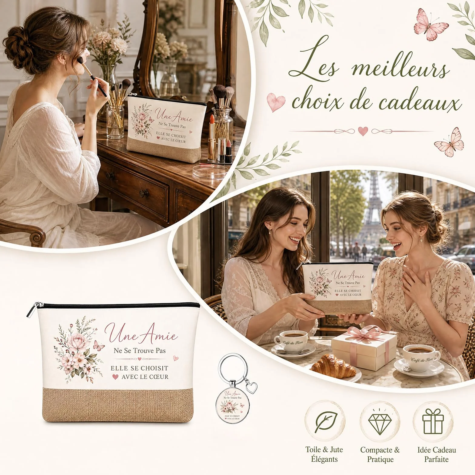 Trousse de Maquillage et Porte Clés 2 Pièces Cadeau Amie Femme Pochette Voyage avec Message Amitié