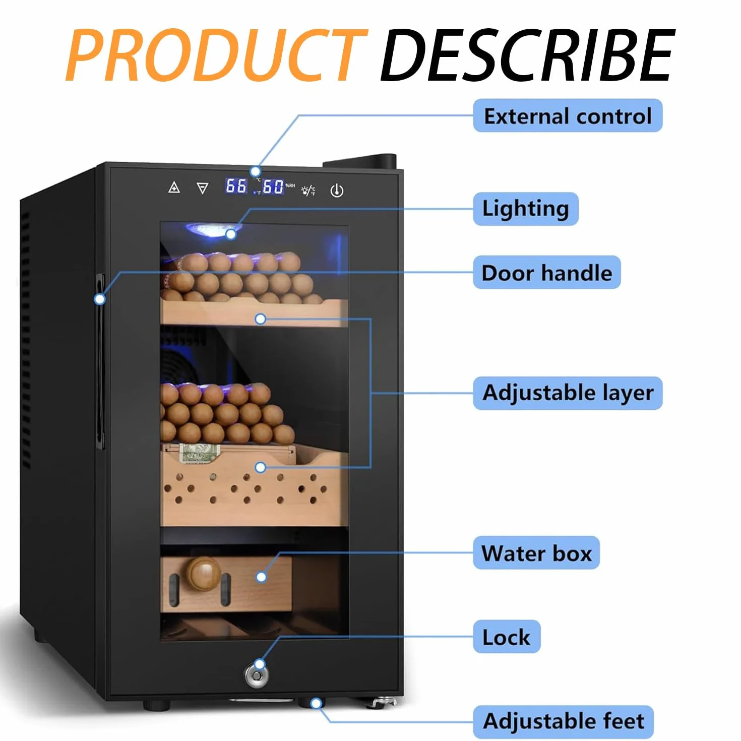 Cave à cigares électrique 25L, contrôle humidité température, verrouillable, 150 cigares, tiroirs cèdre Espagnol