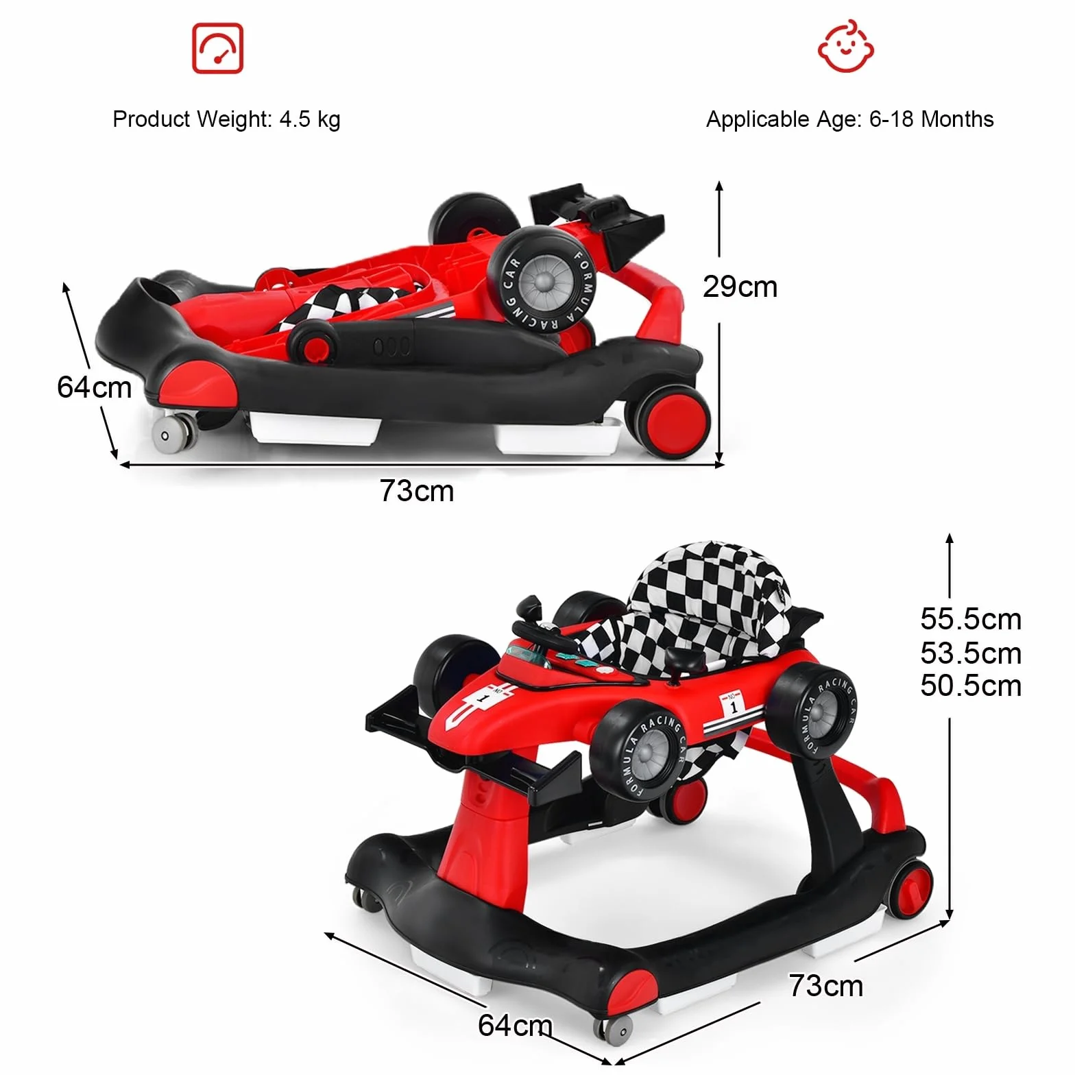 LIFEZEAL Trotteur Bébé 4 en 1 Pliable avec 3 Hauteurs Réglables, Marcheur Musical, 6-18 Mois, 15 kg, Rouge