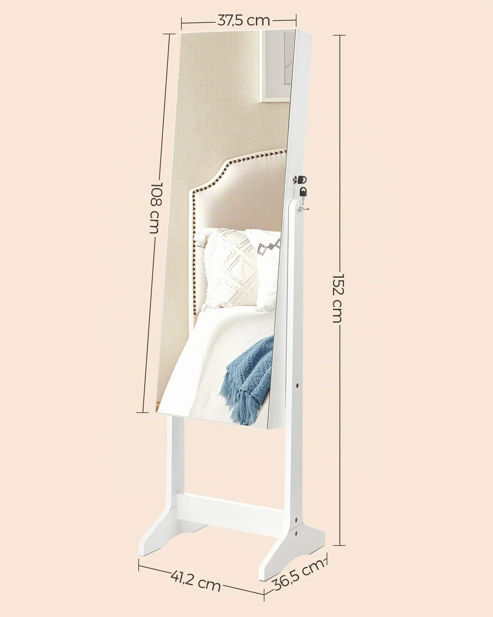 SONGMICS JJC002W01 Armoire à bijoux avec miroir, debout, verrouillable, blanc