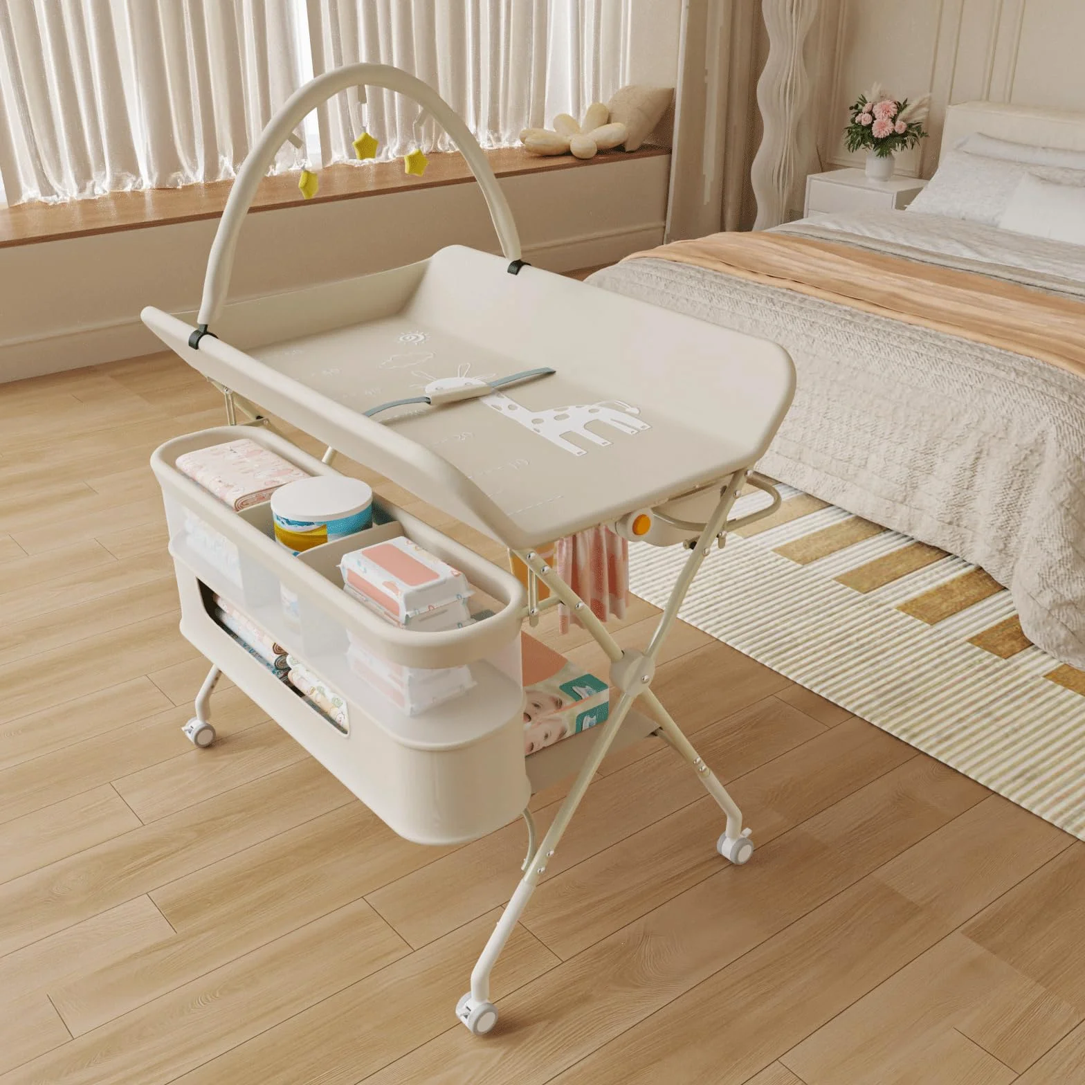 Table à Langer avec Roulettes Panier Rangement Structure Fer Charge Max 25kg 75x68x83-91cm Blanc Crème