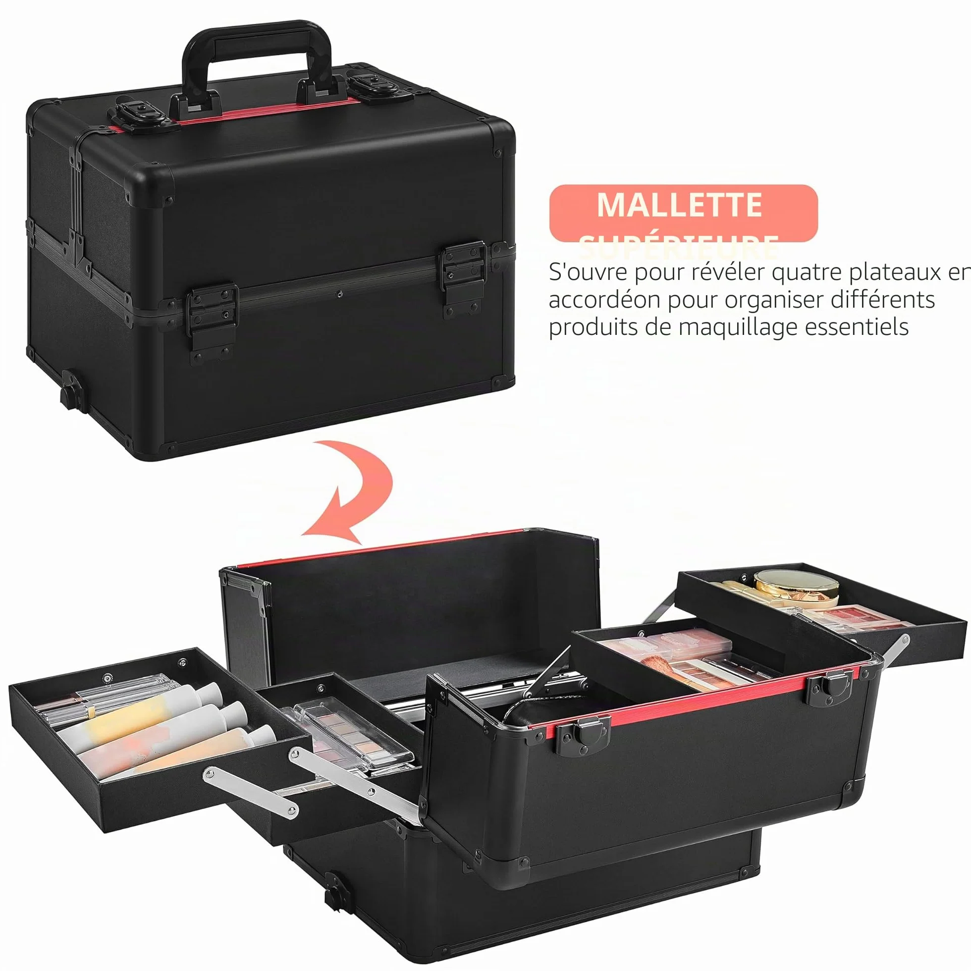 Yaheetech Valise Maquillage à roulettes 4 en 1 Cadre Aluminium Professionnelle Noir