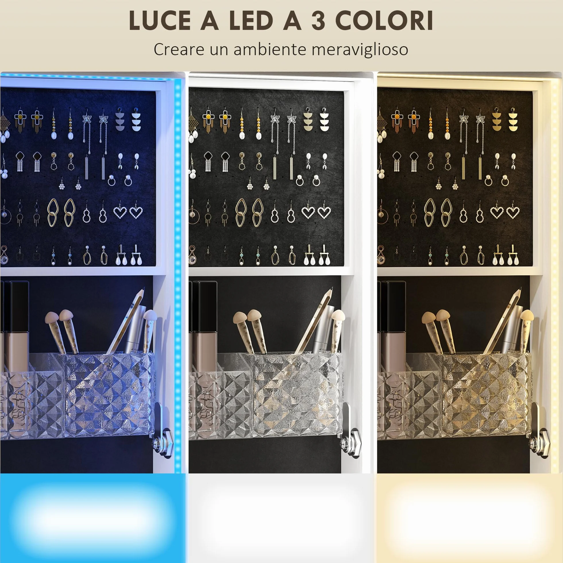HOMCOM Armoire à bijoux pivotante 360° avec miroir LED, organisateur verrouillable, blanc