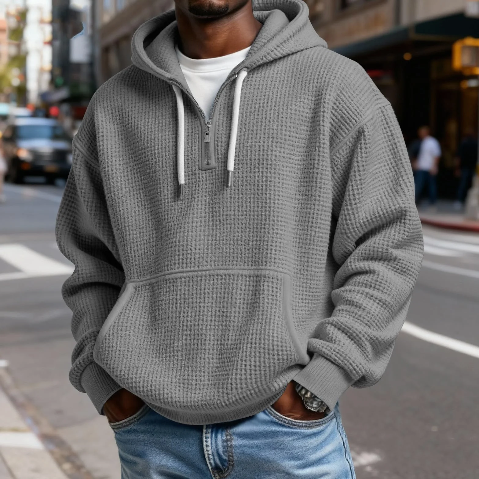Sweat à Capuche Homme Zippé Manches Longues Couleur Unie Sweatshirt épais Poche Kangourou