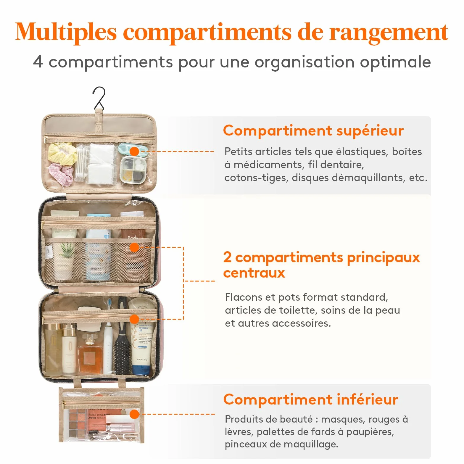 Lifewit Trousse de Toilette Femme Voyage Grande Suspendre avec Crochet, Vanity Maquillage 4 Compartiments Transparent, Rose