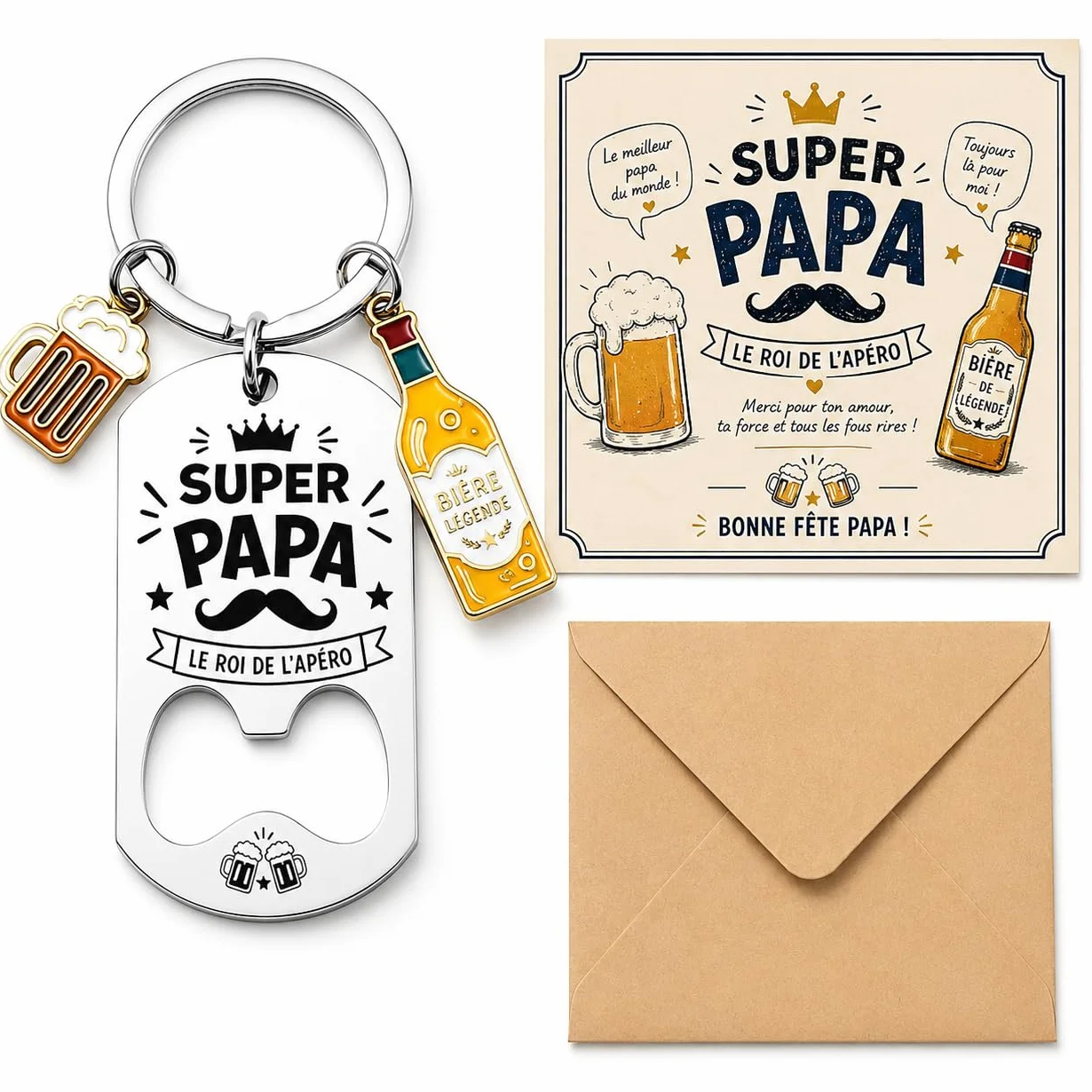 Cadeau Fête Des Pères Porte-Clés Décapsuleur Super Papa - Idée Cadeau Anniversaire Papa Set Avec Carte De Vœux Et Enveloppe Kraft