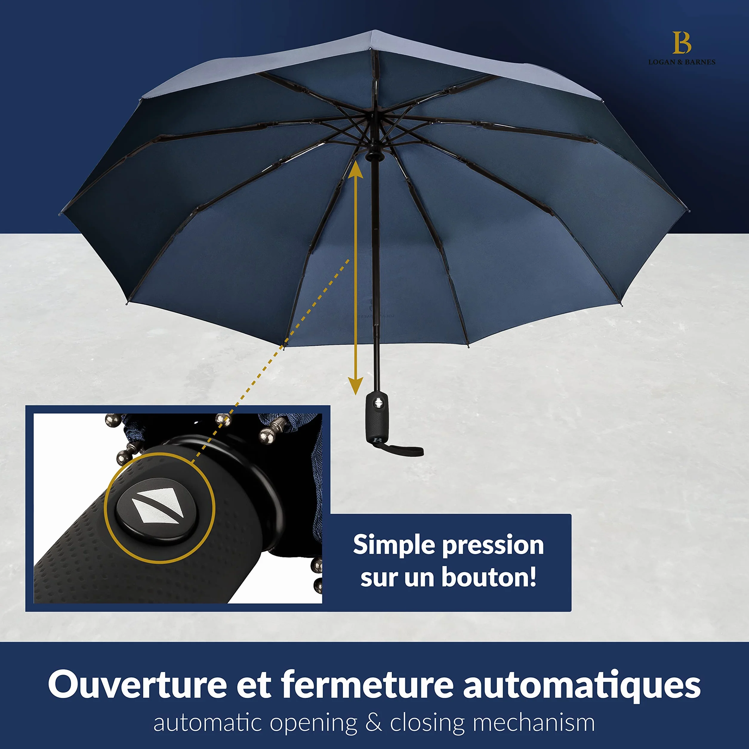 LOGAN & BARNES Parapluie résistant aux tempêtes 140 km/h – Parapluie de poche Boston revêtement téflon